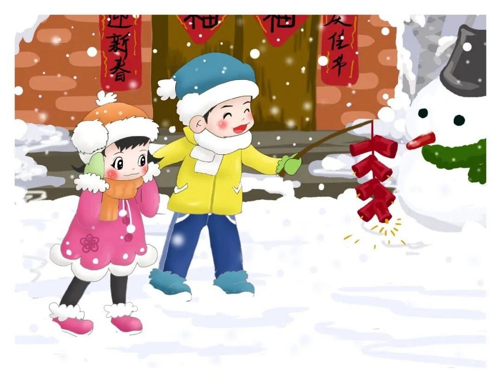 看图写话 放鞭炮 春节到了,家家户户都贴上了大红色的春联,到处是一片