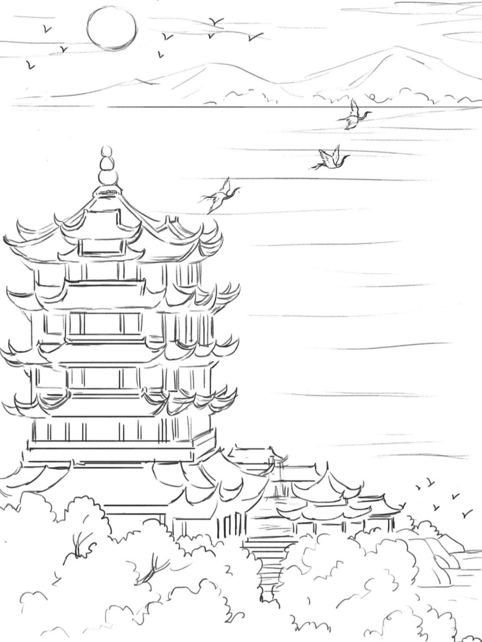 【昔人已乘黄鹤去】水彩手绘古诗词 《黄鹤楼》 (唐)崔颢 昔人已乘