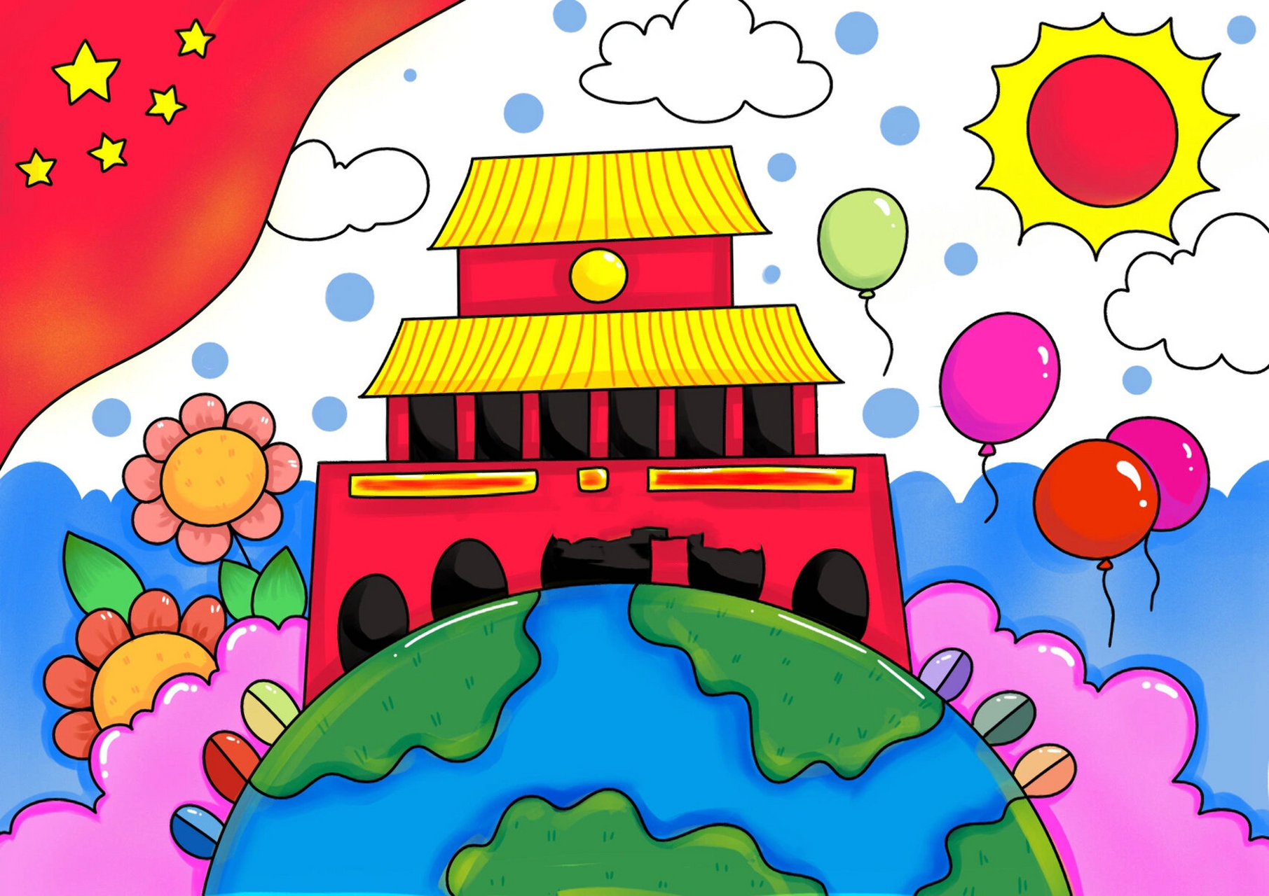 国庆节主题画 十一 儿童画 天安门 带线稿 #创意儿童画# #国庆节