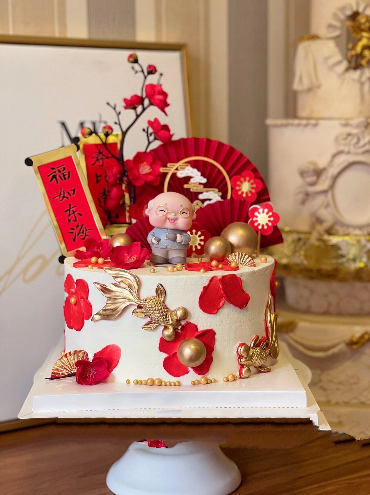 祝寿主题蛋糕 喜庆的红色系,长辈祝寿主题