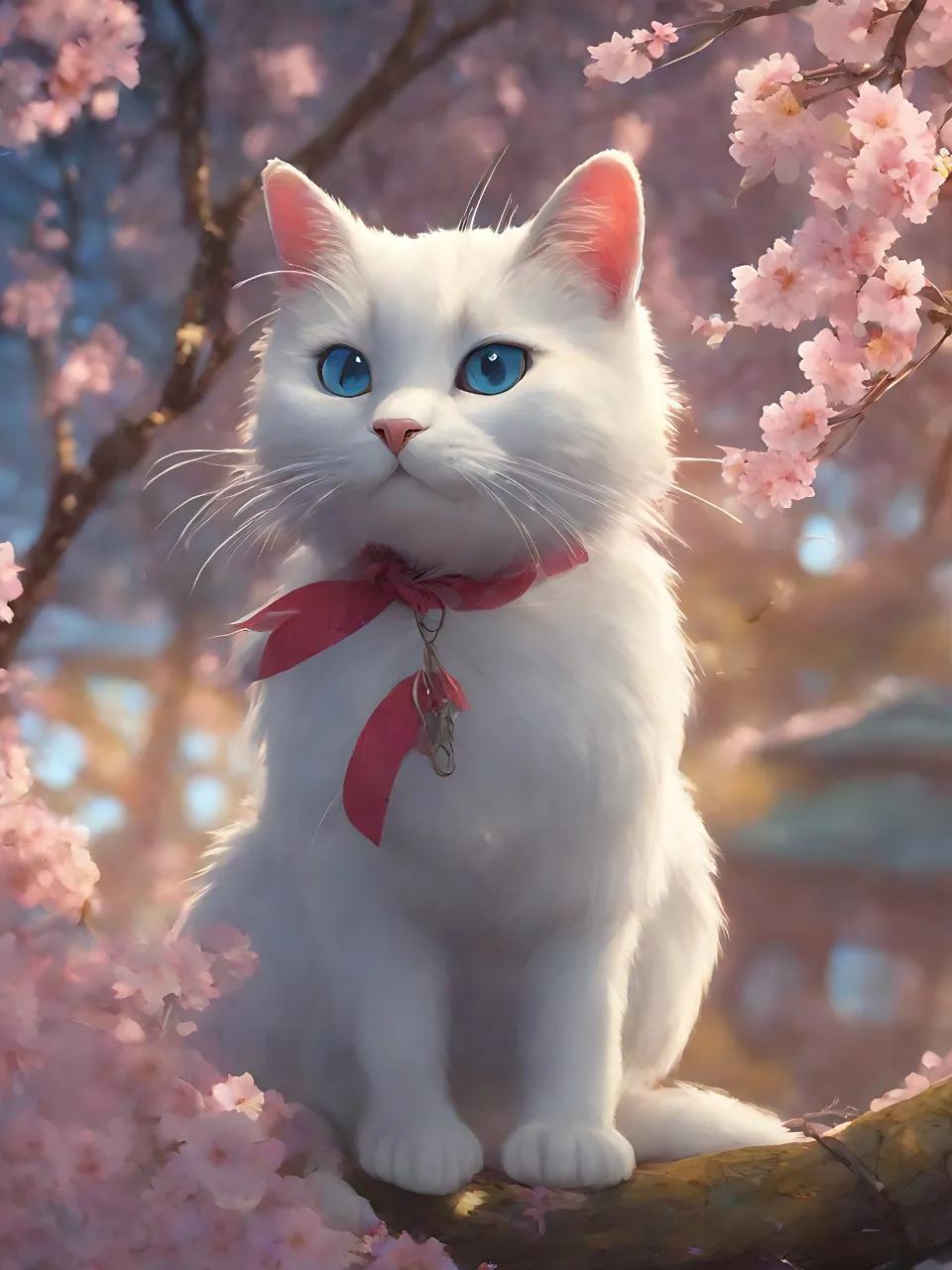 樱花树下,猫咪相伴.