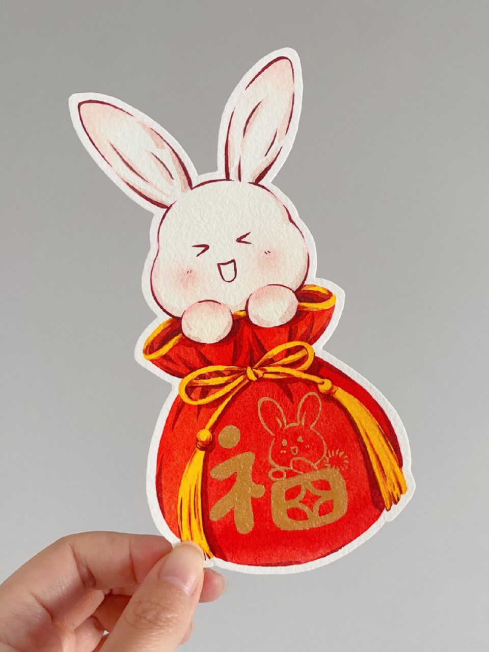 零基础水彩书签～小兔子福袋(附过程图) 今天的福字用了金粉,bling