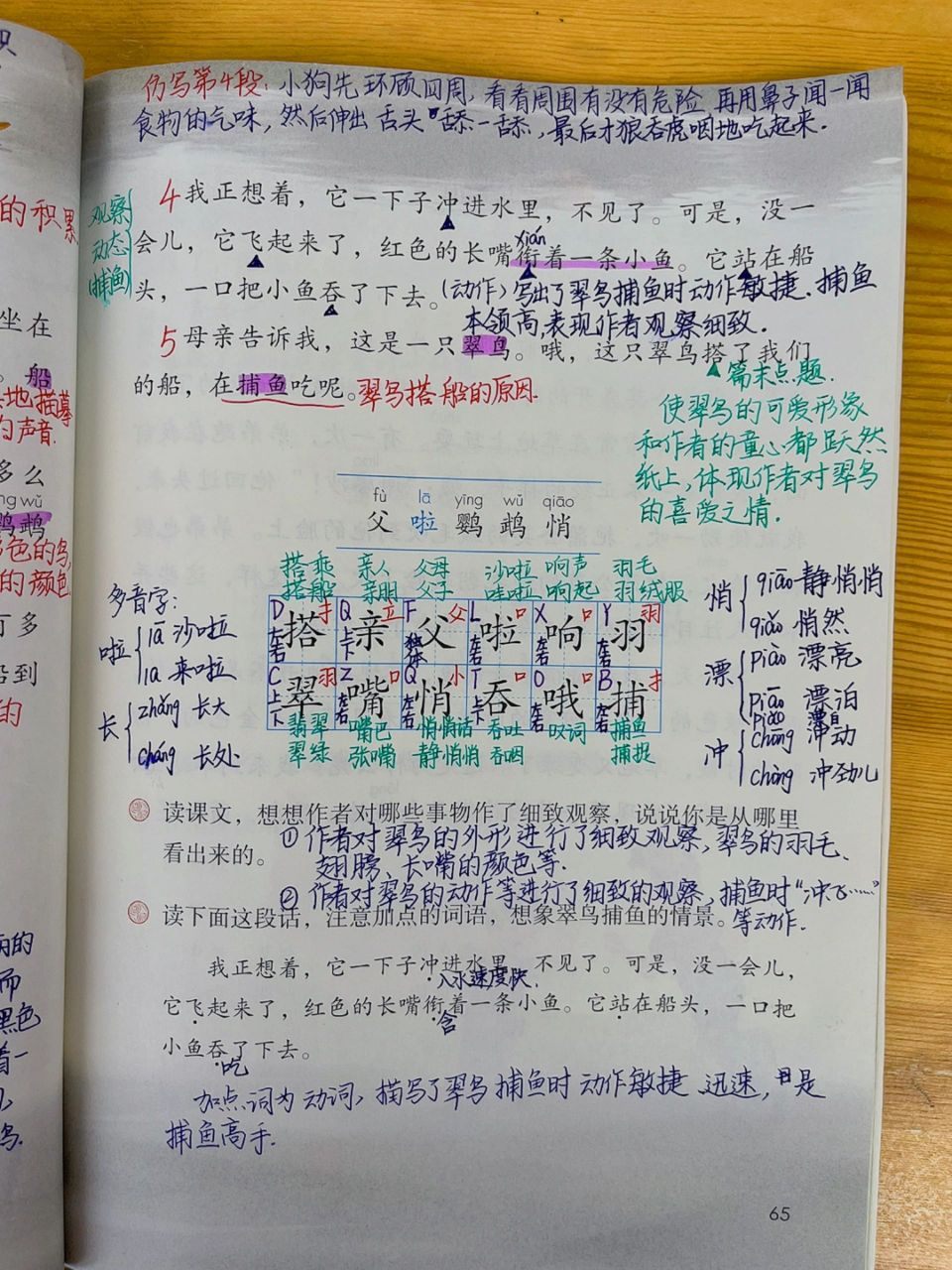 《搭船的鸟》 94课文主题: 本文通过对翠鸟外形和捕鱼动作的描写,让