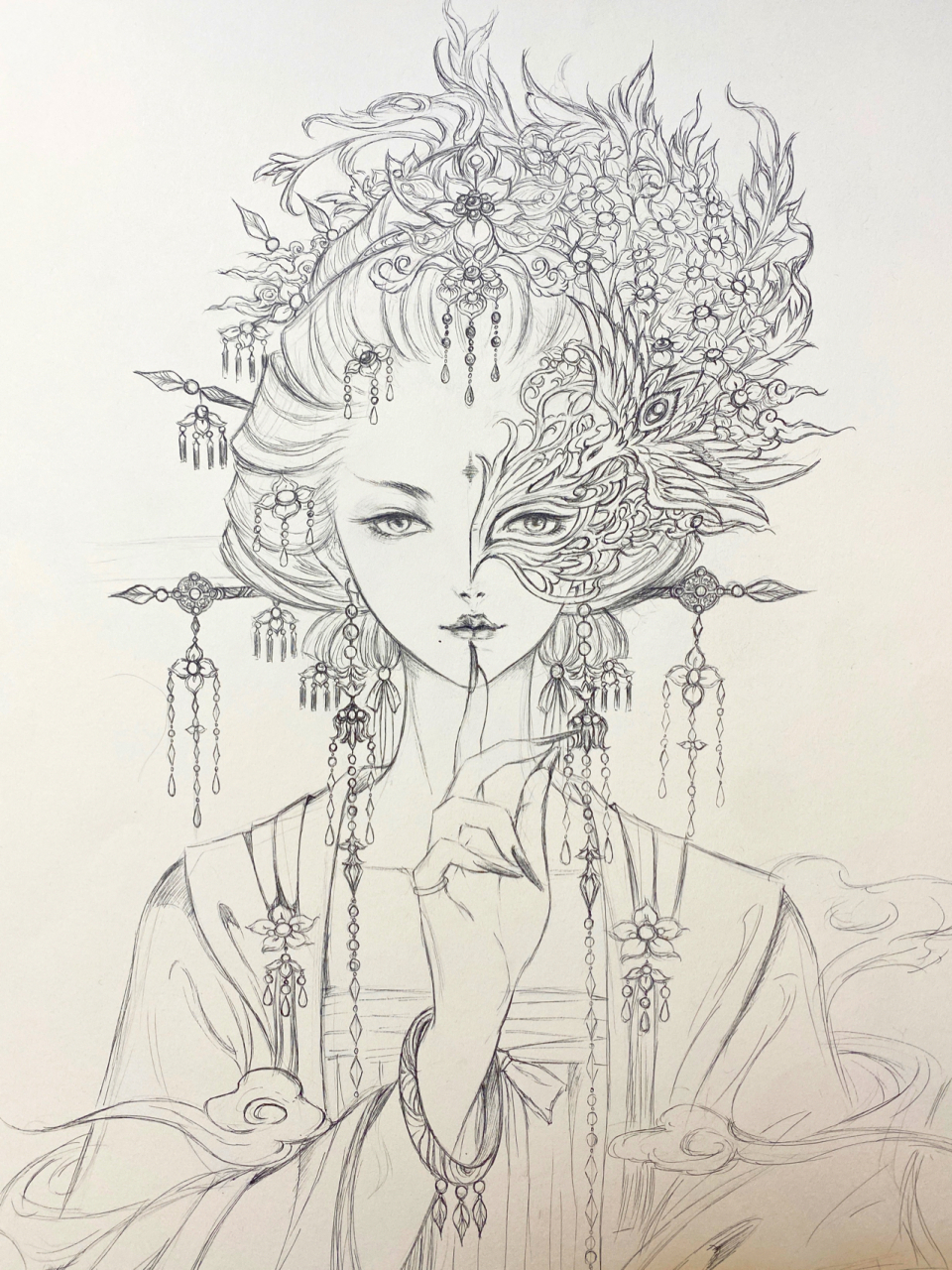 手绘古风华美少女,宅家画画打卡 奋战2天画的线稿,就算很久不画,手感