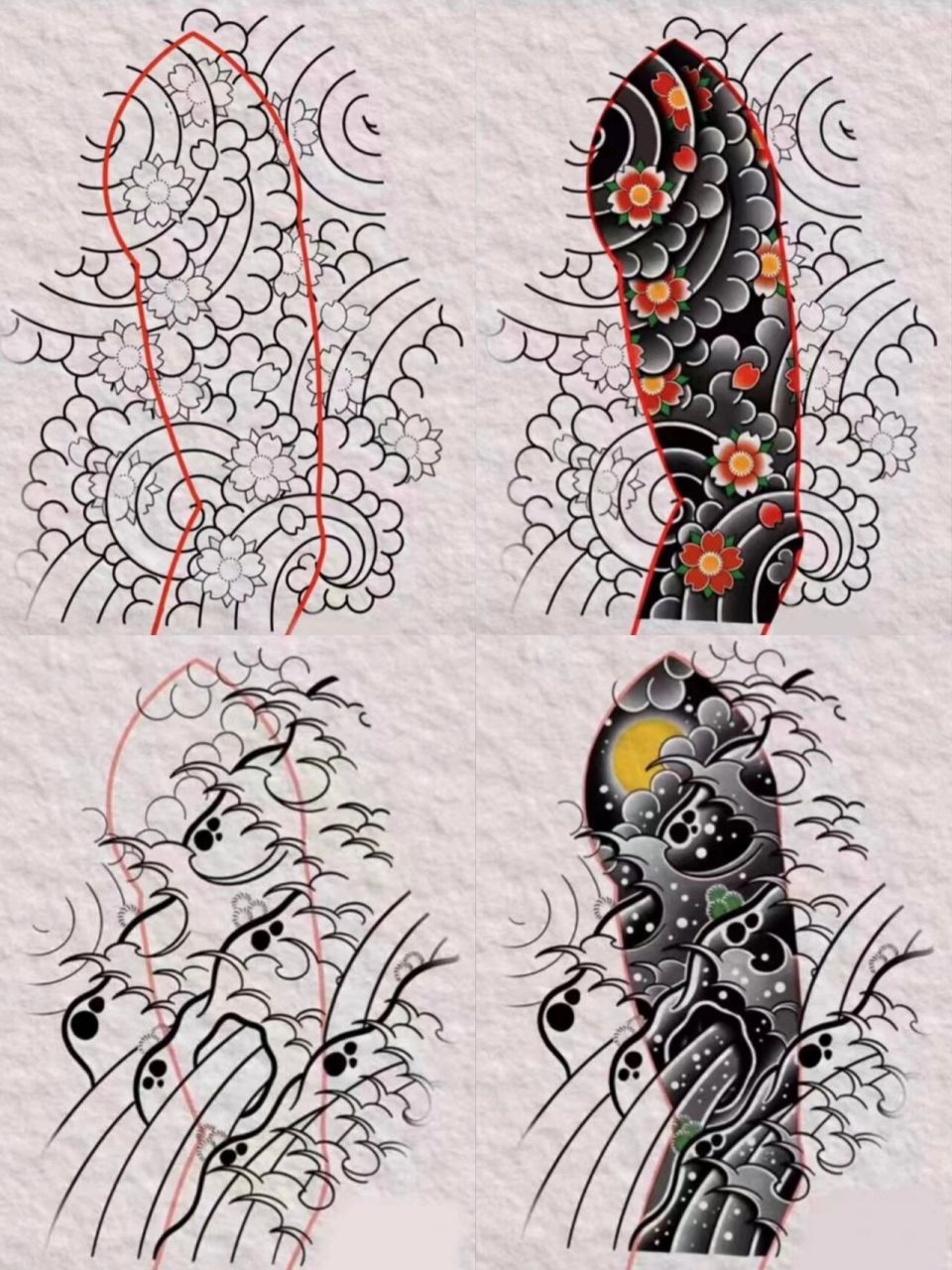 老传统花臂(十六)线条 上色 日式老传统花臂纹身手稿