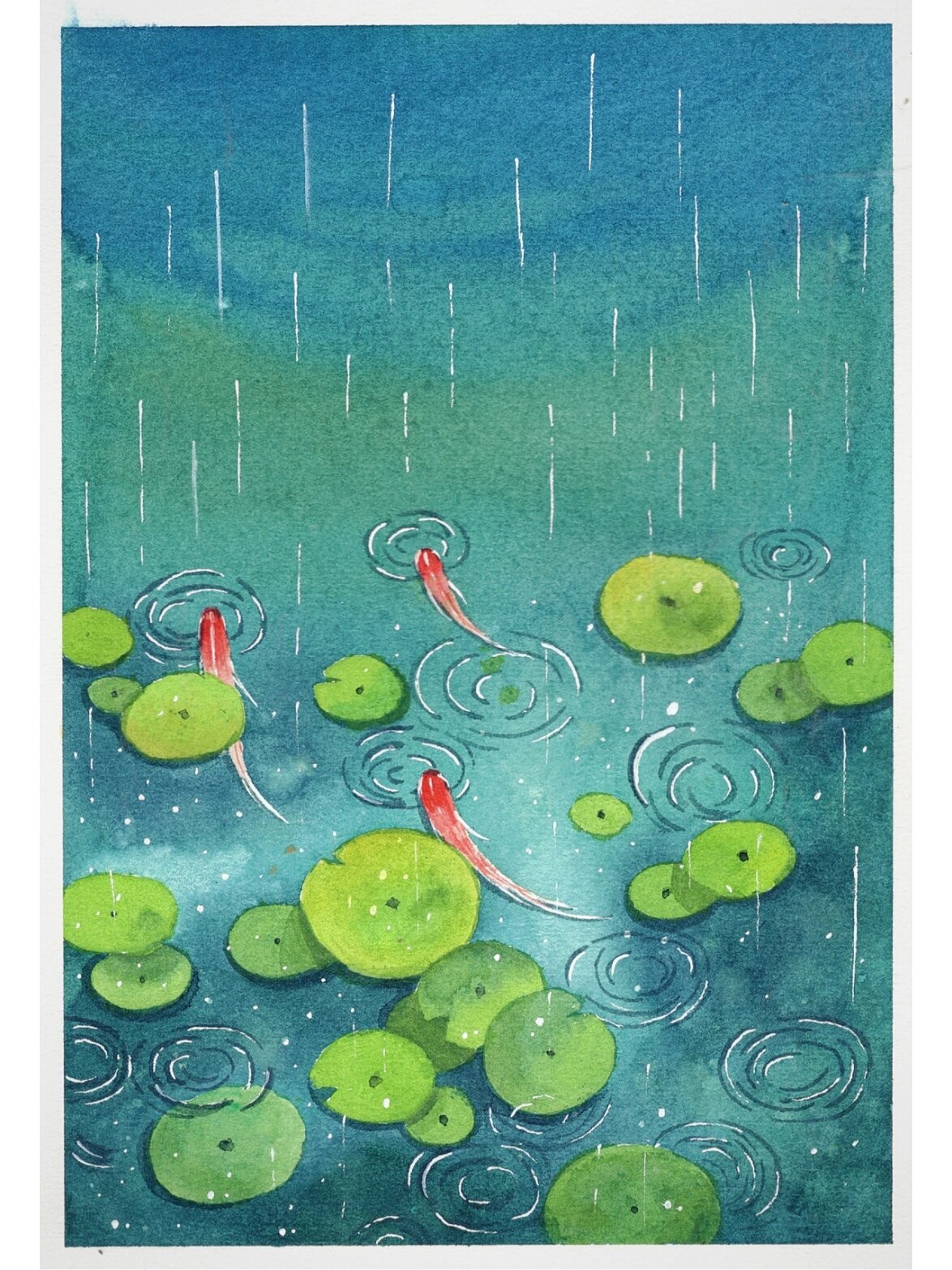 水彩,雨点掉在荷塘里,泛起了无数涟漪