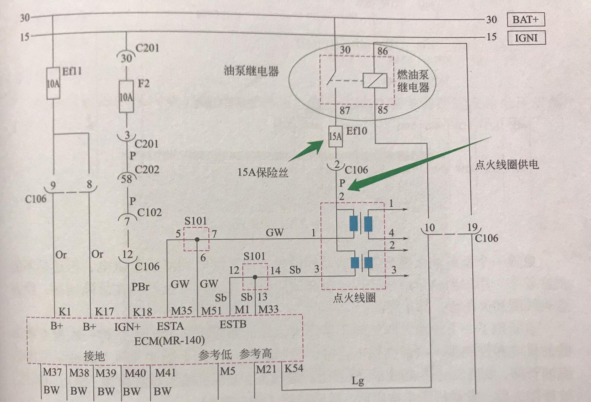 6l,发动机燃料供给控制系统(油泵继电器,ecm模块,点火线圈)电路图