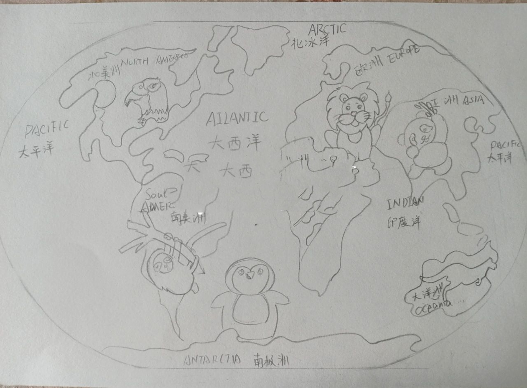 世界地图 卡通版手绘 七大洲四大洋以及代表 卡通版世界地图
