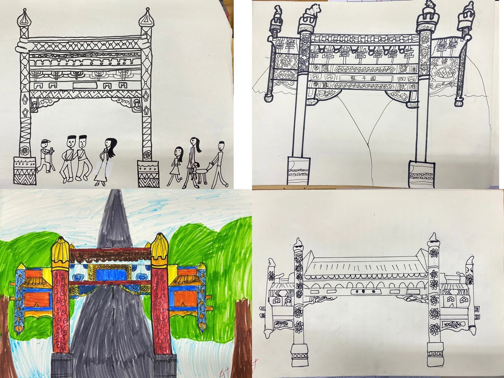 人美版|四年级《画牌楼》学生作品 四年级学生的线描作品,构图,线条
