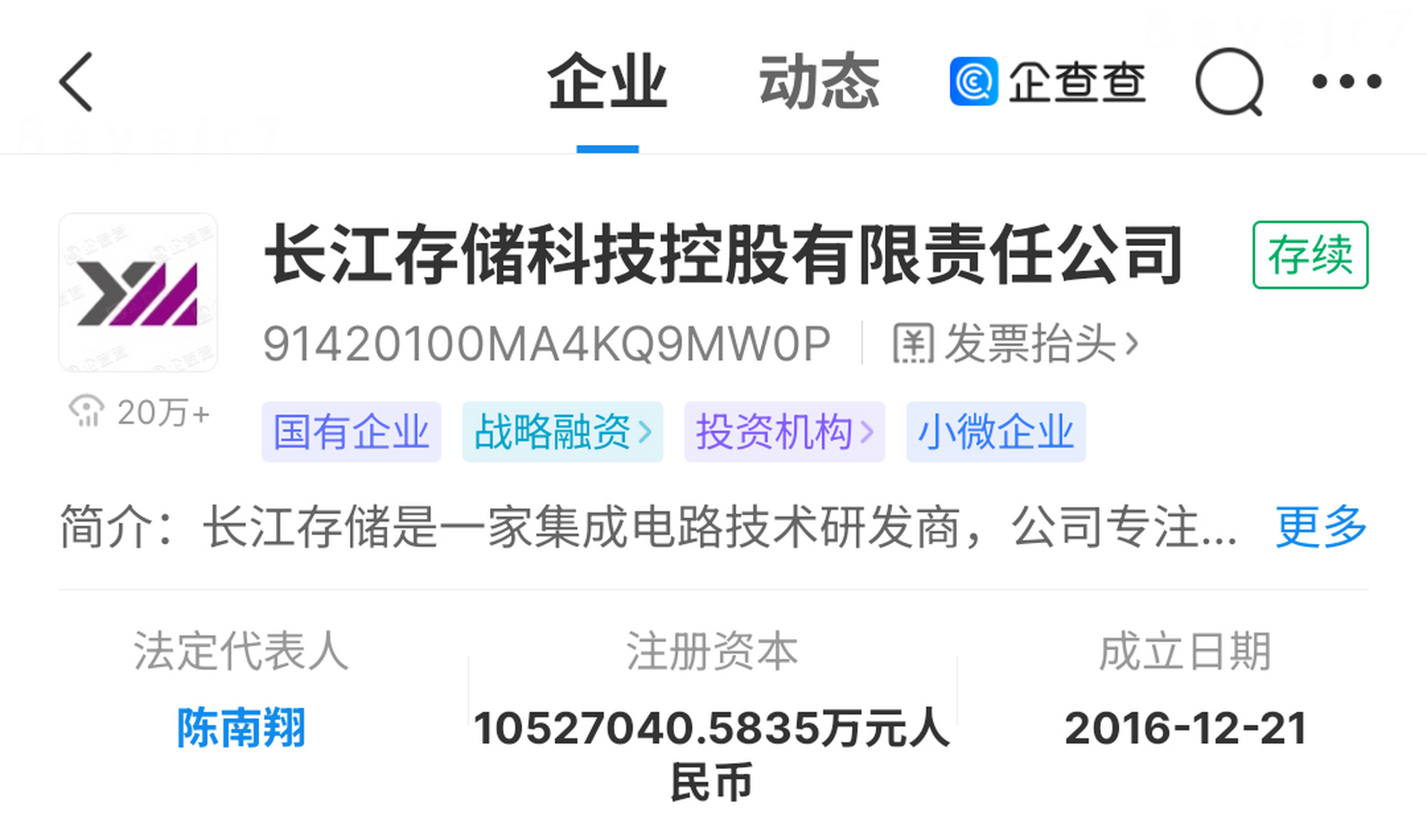 长江存储科技控股有限公司注册资本已超千亿!