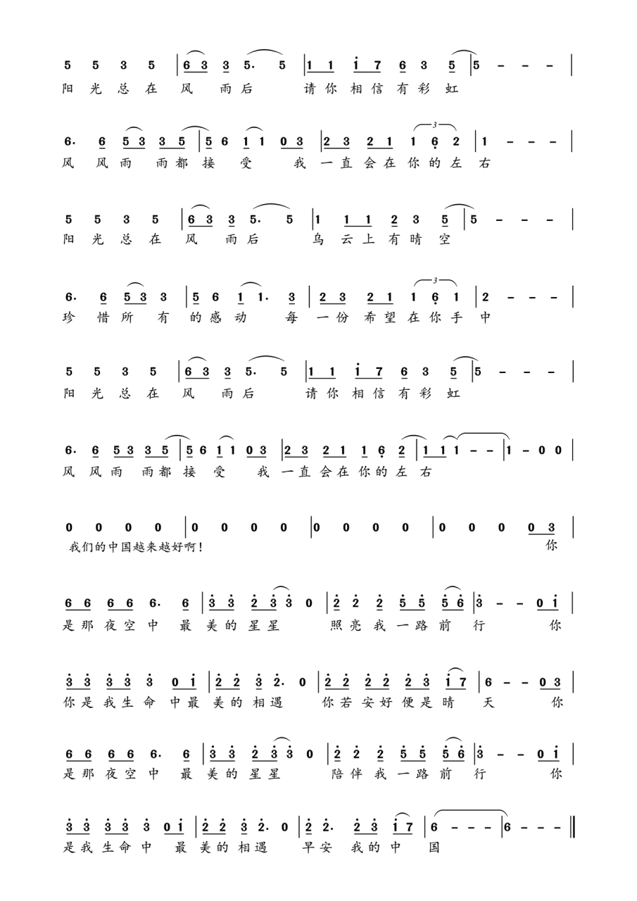 早安阳光 早安中国 简谱 春晚版 主旋律谱 最近好几个朋友让我给整理