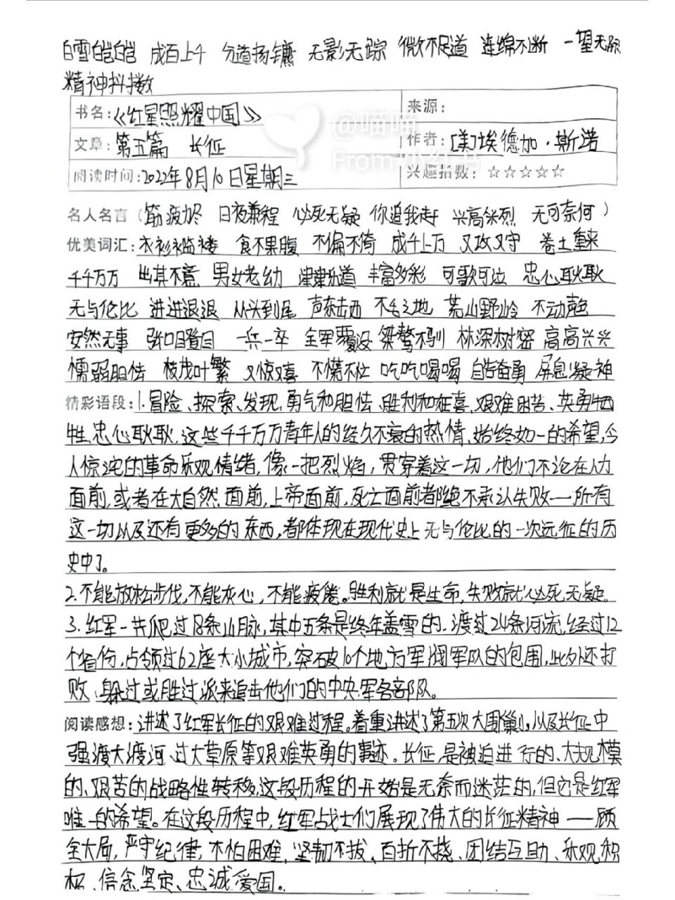 初二上册《红星照耀中国》读书笔记第五篇 初中必读《红星照耀中国》