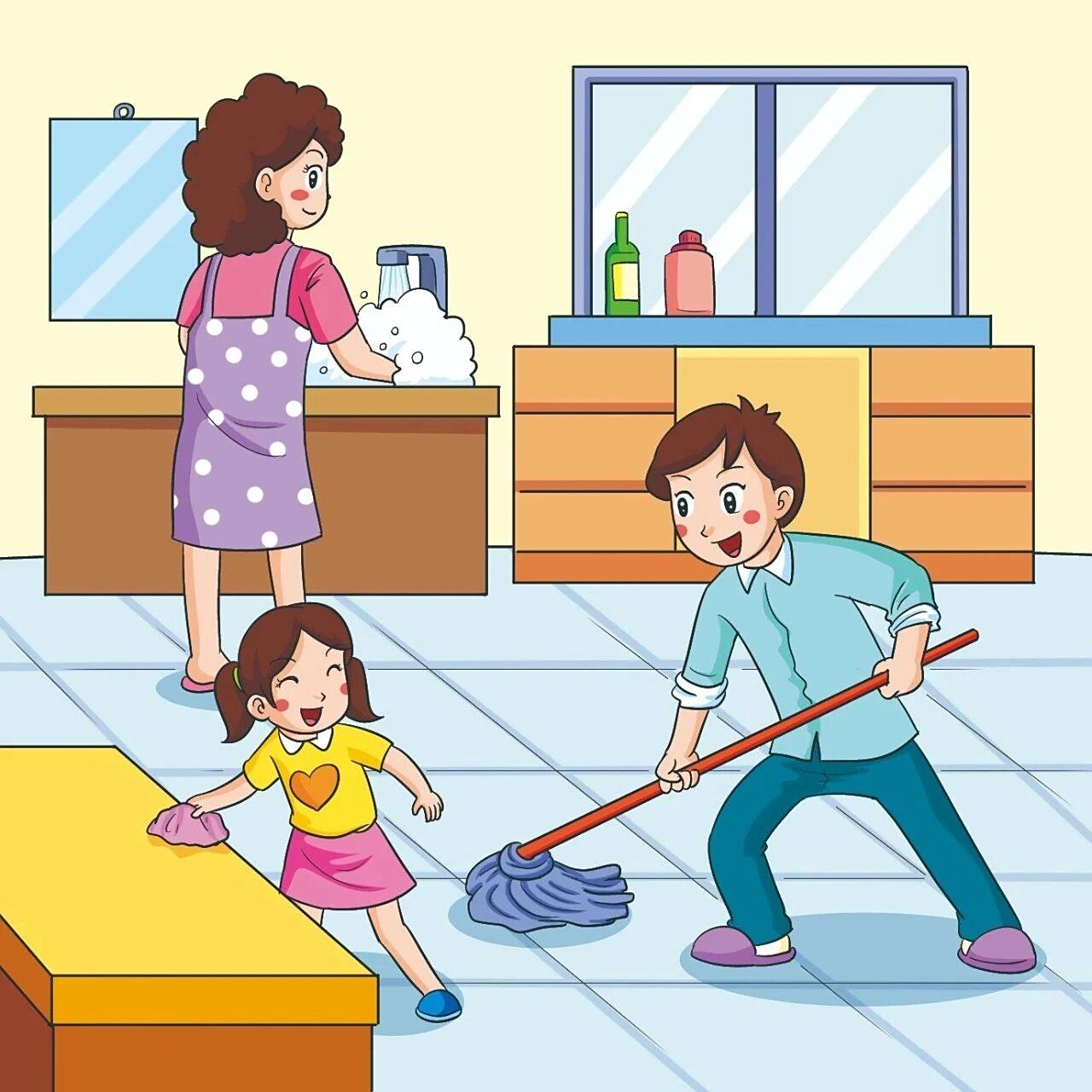 看图写话《一起做家务》 吃完晚饭后,我去看电视,爸爸打开了报纸,妈妈