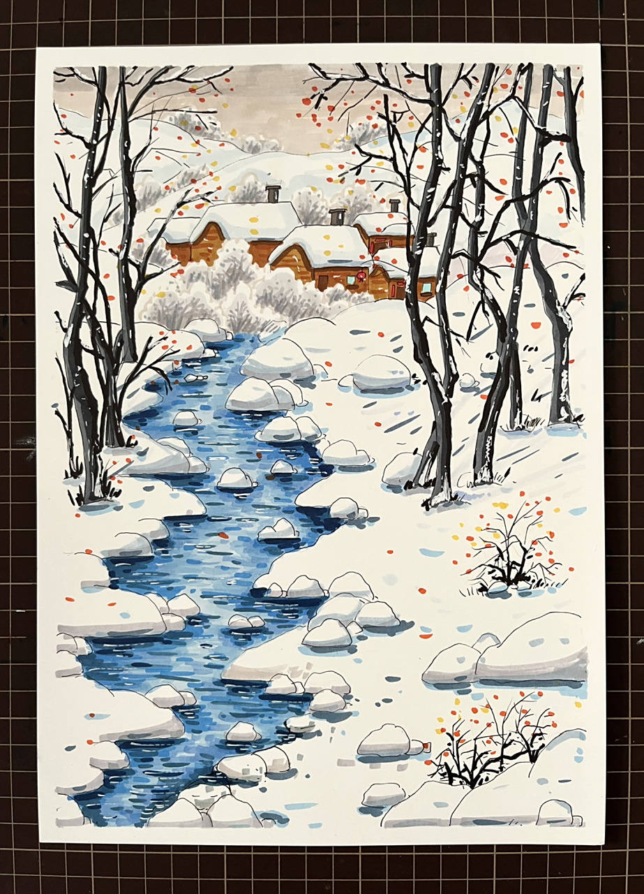 马克笔主题画『冬日赞歌』      带你回忆儿时冬天景色 国风系列网课