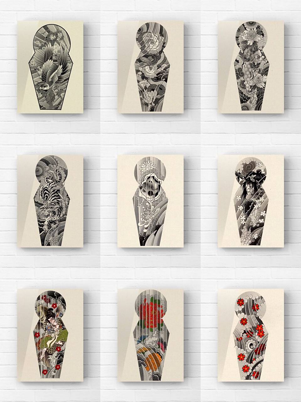 老传统花臂花腿纹身图案手稿素材