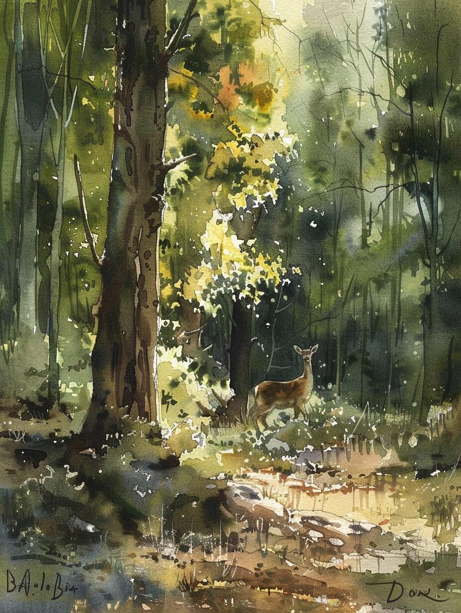 ai水彩|鹿影穿林过,溪声入耳来