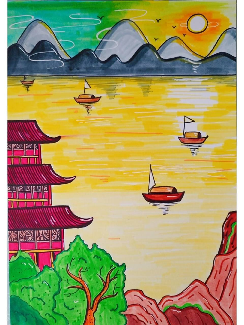 《登鹳雀楼》诗配画 白日依山尽,黄河入海流.欲穷千里目,更上一层楼.