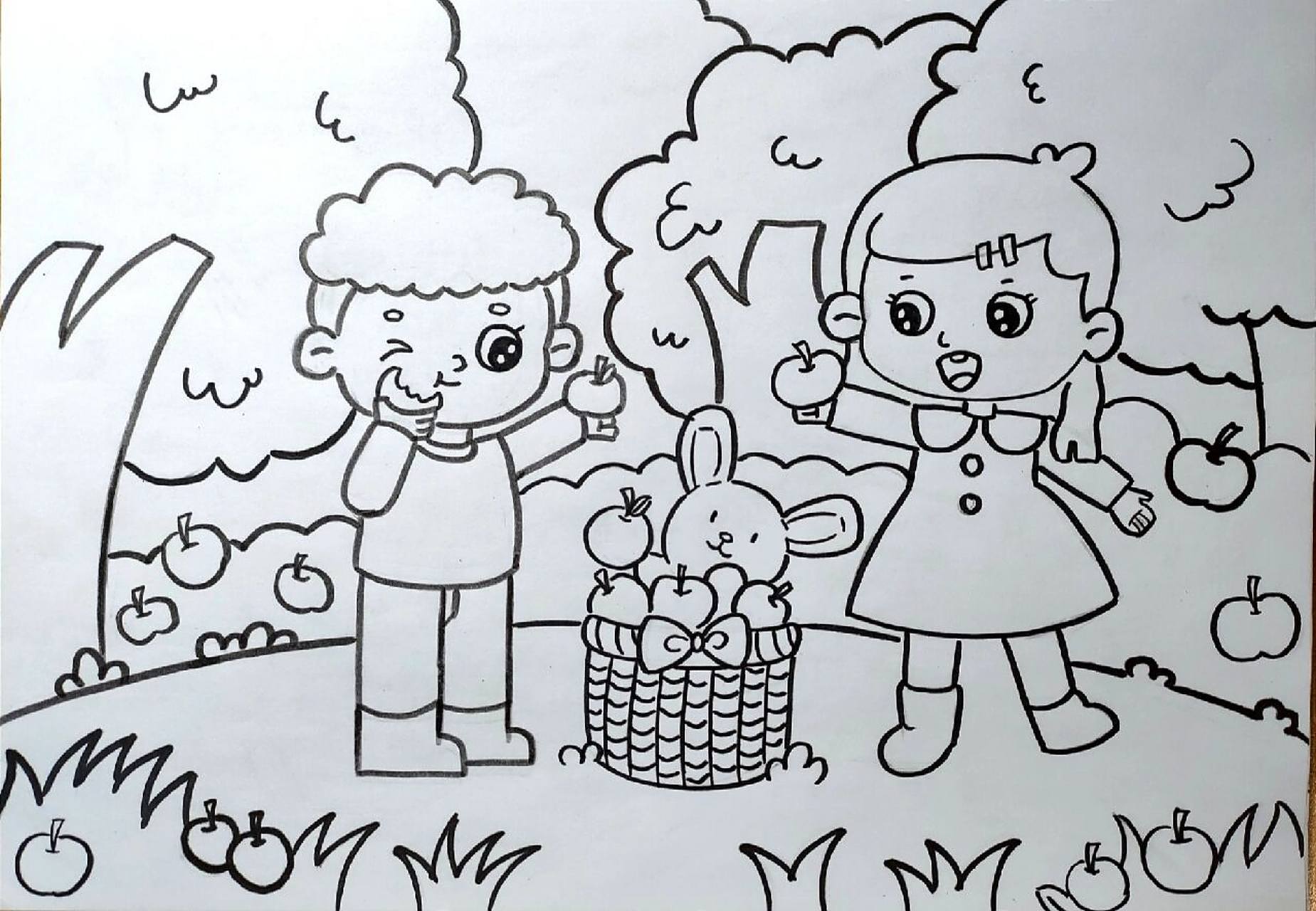 主题画《摘苹果96》 上次摘橘子92 这次摘苹果96临摹 一起练