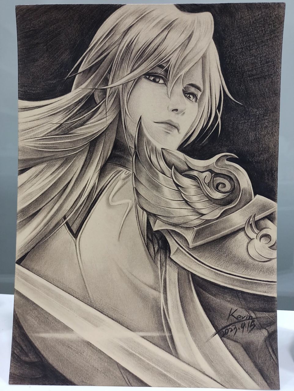 手绘素描王者荣耀李白 凤求凰 黑色彩铅素描画王者 李白