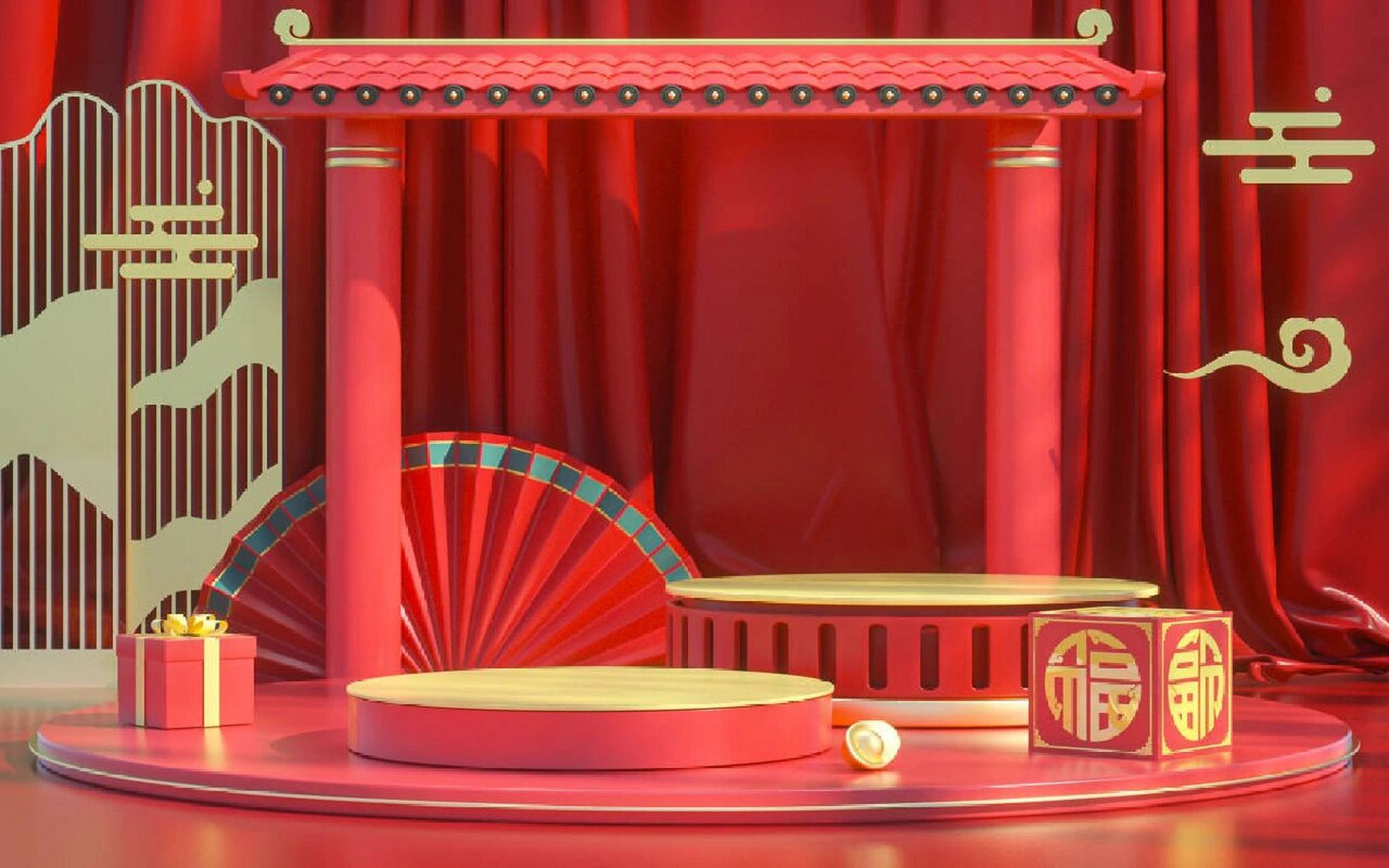 快和我一起左滑解锁吧  c4d红色新年电商国潮展台背景展板c4d年货节