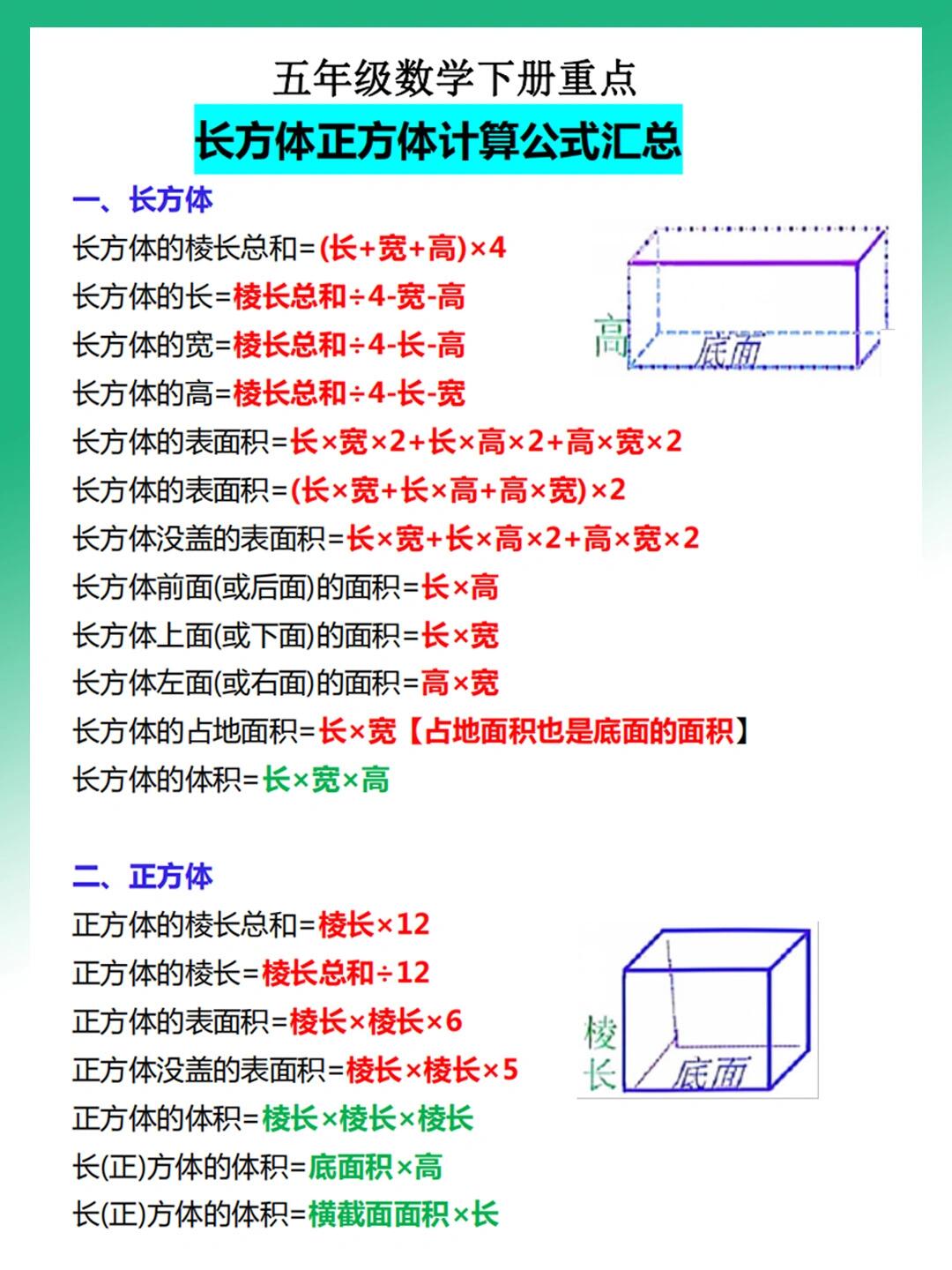 五年级下册数学长方体与正方体公式汇总