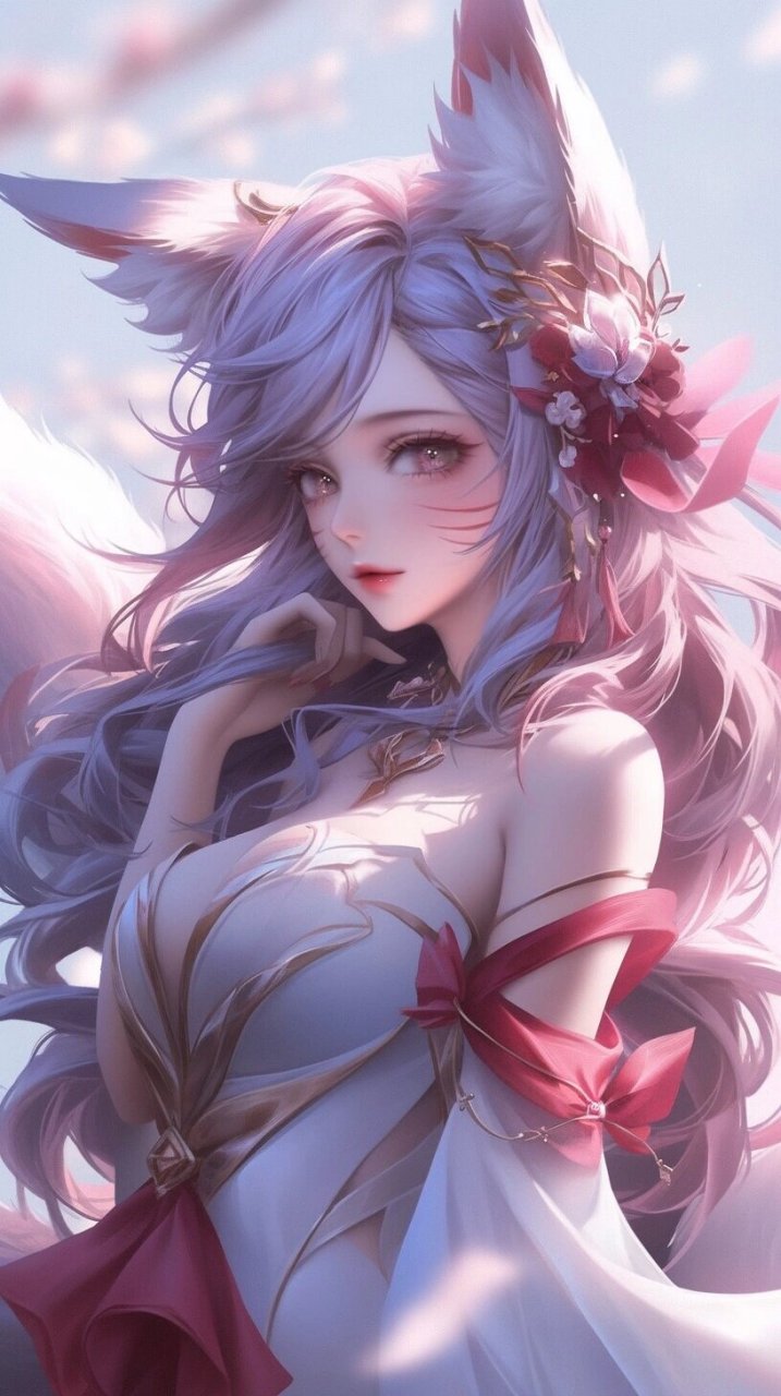 九尾狐,绝世女妖,狐狸耳朵,粉色的眼睛,淡粉色的长发,逼真的效果