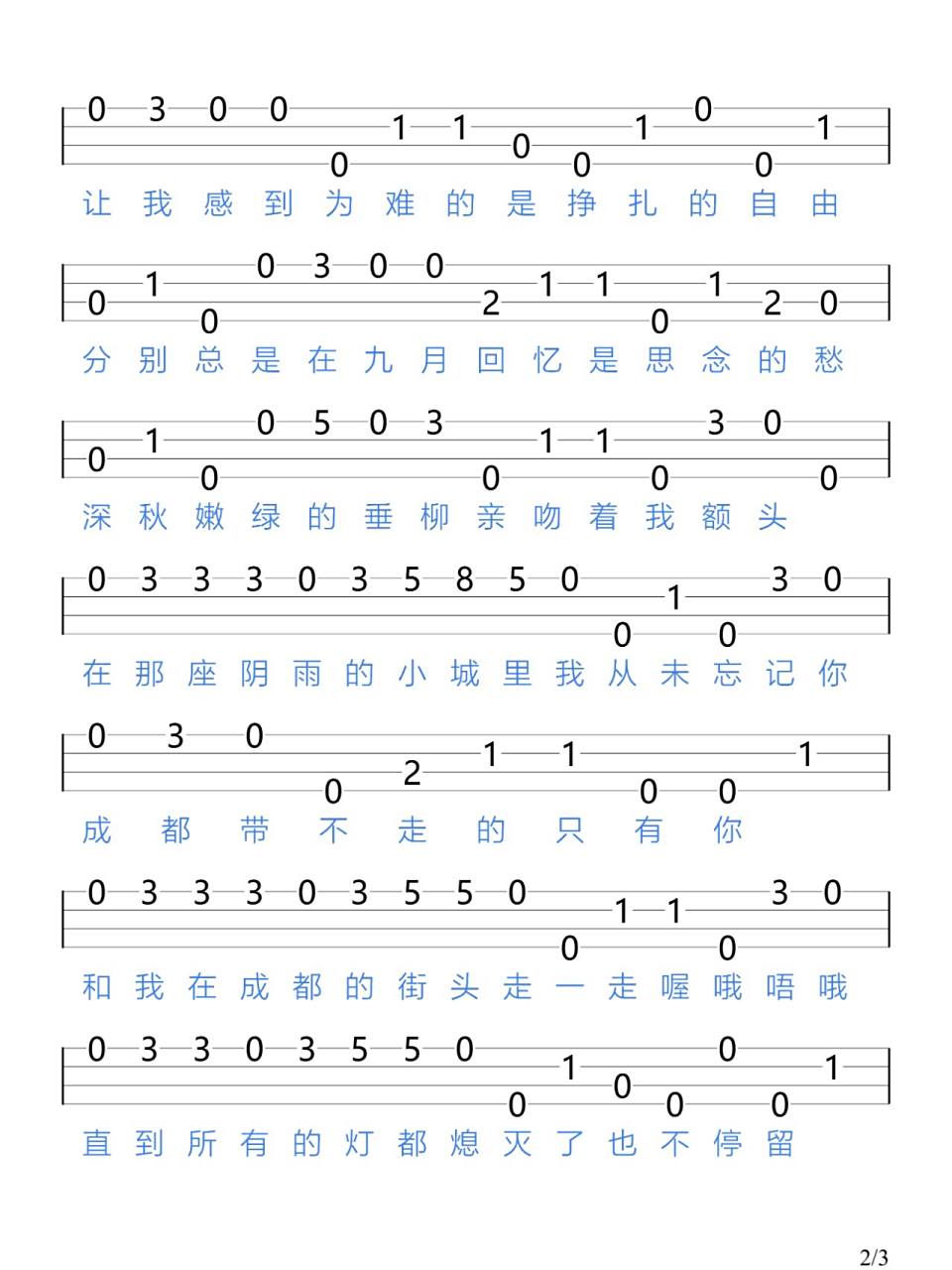 《成都》赵雷/尤克里里新手指弹谱 "让我掉下眼泪的 不止昨夜的酒"