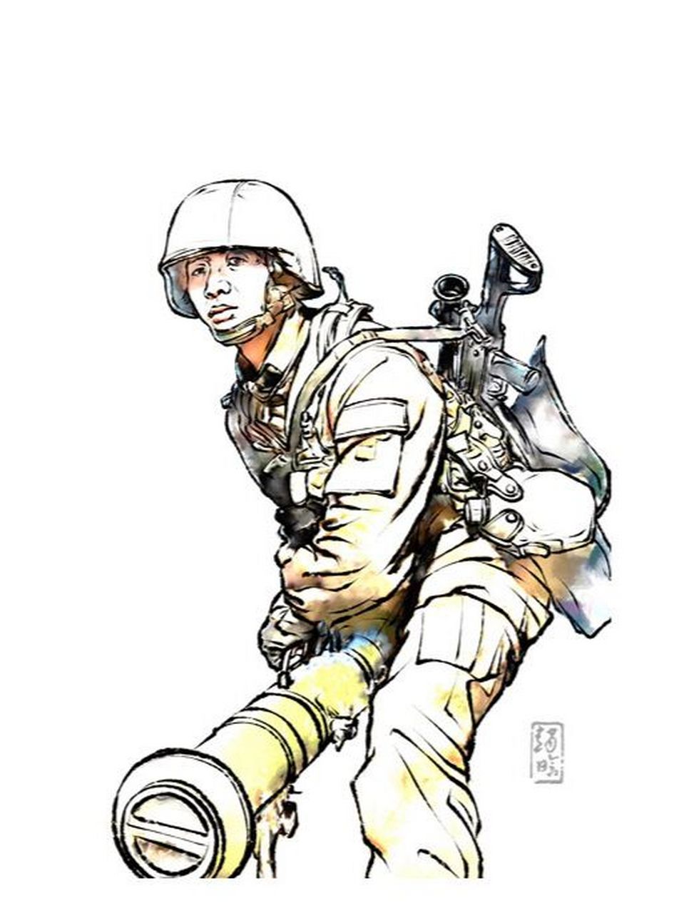《解放军训练图》 钢笔淡彩人物画 速写