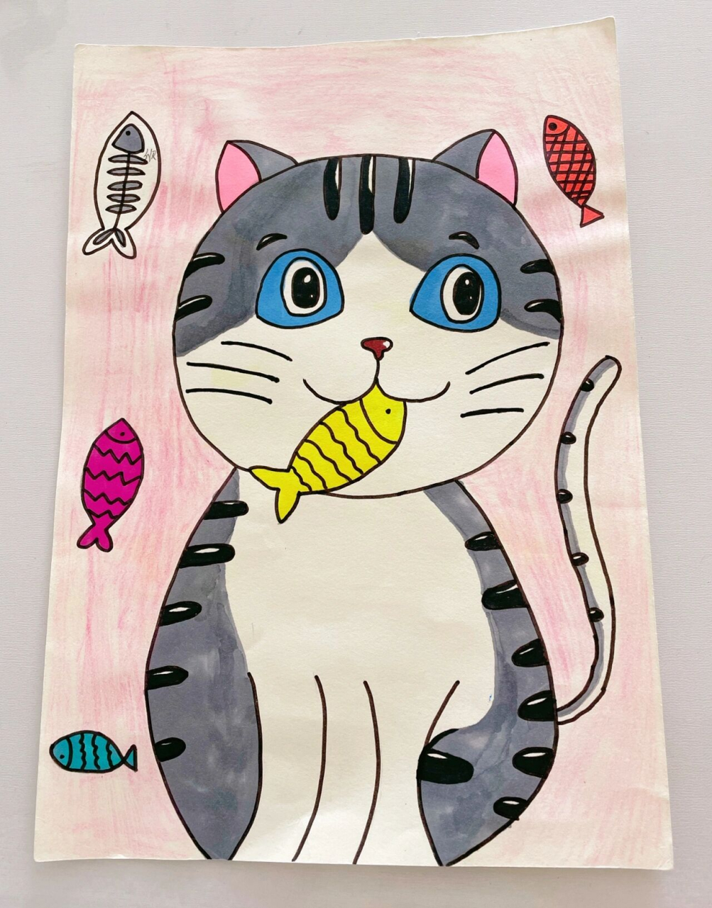 儿童简笔画《小猫吃鱼95》 8k素描纸,勾线笔,马克笔