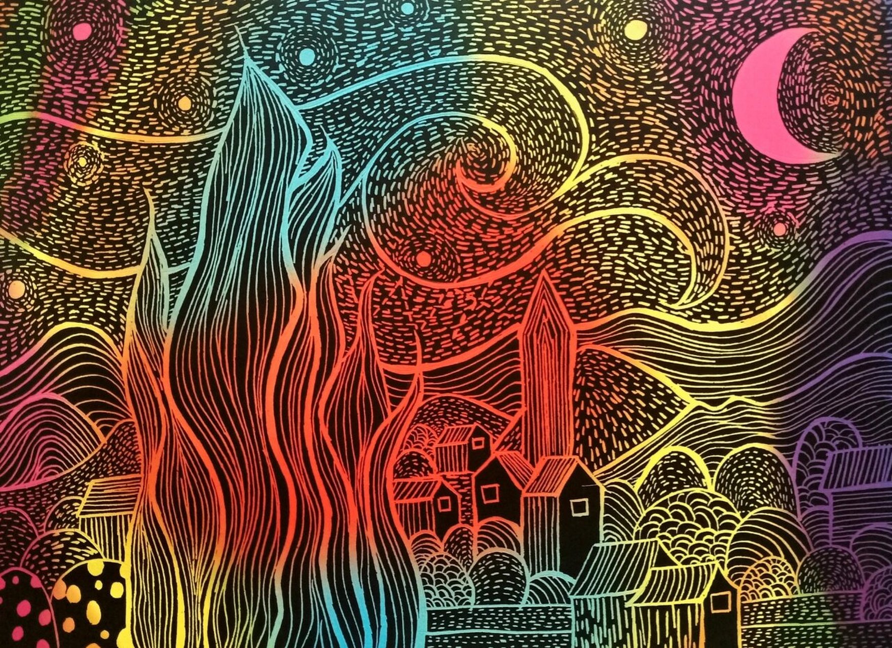 刮画——梵高《星月夜》 太喜欢这个刮画纸了