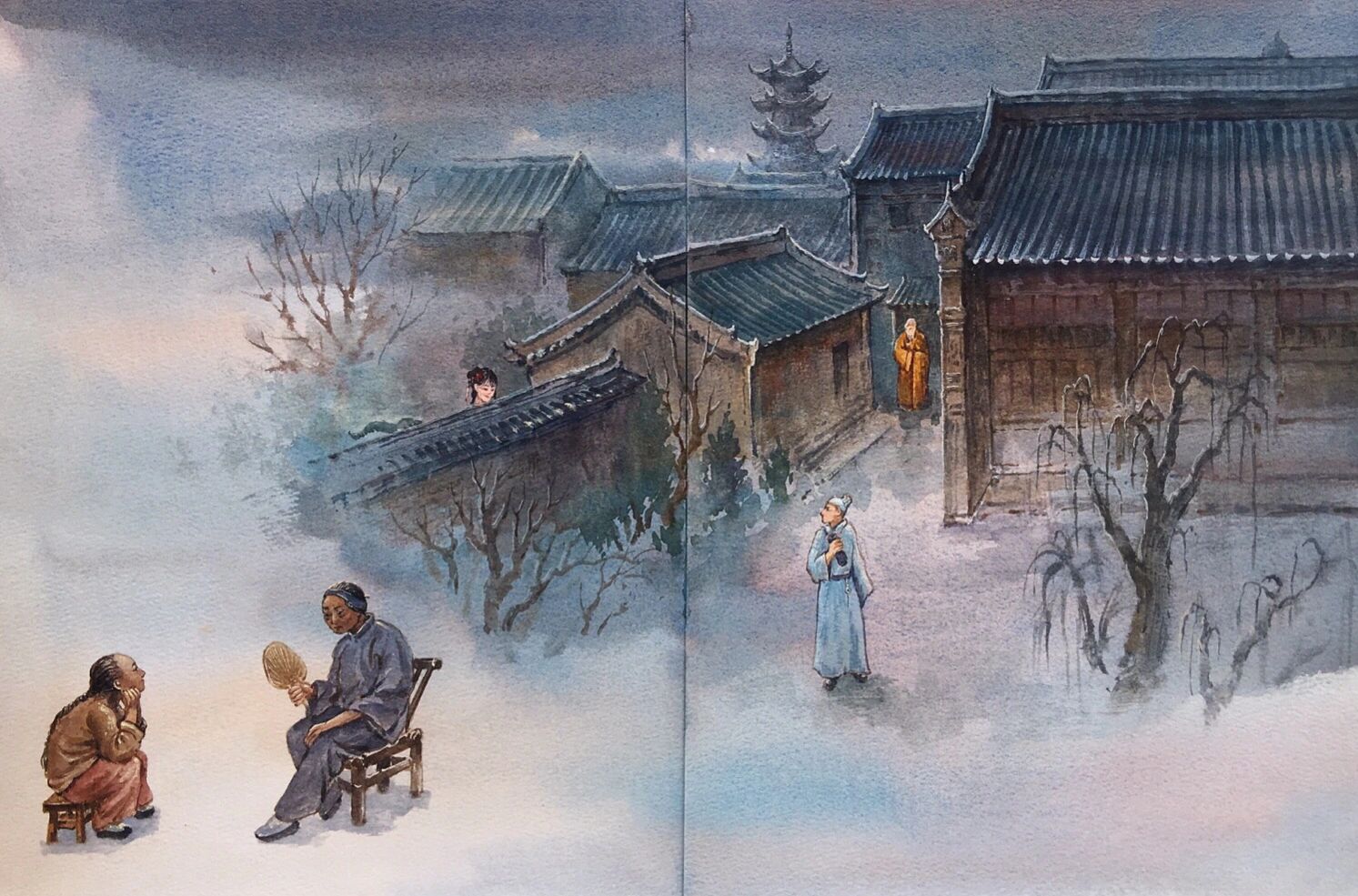 新绘本百草园的一幅跨页～美女蛇的故事