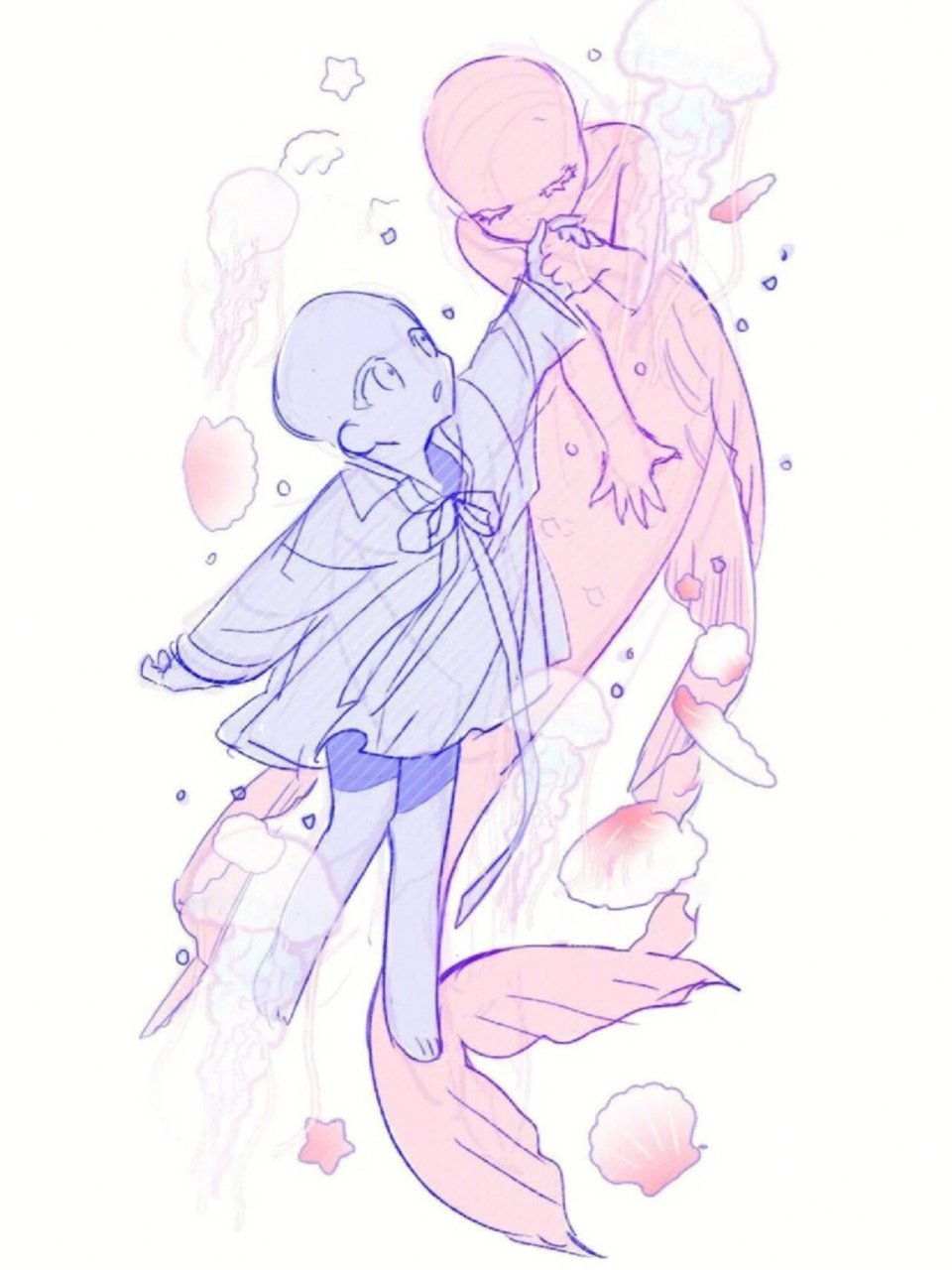 海底美人鱼双人q版线稿模板 超绝绝子的一套双人线稿