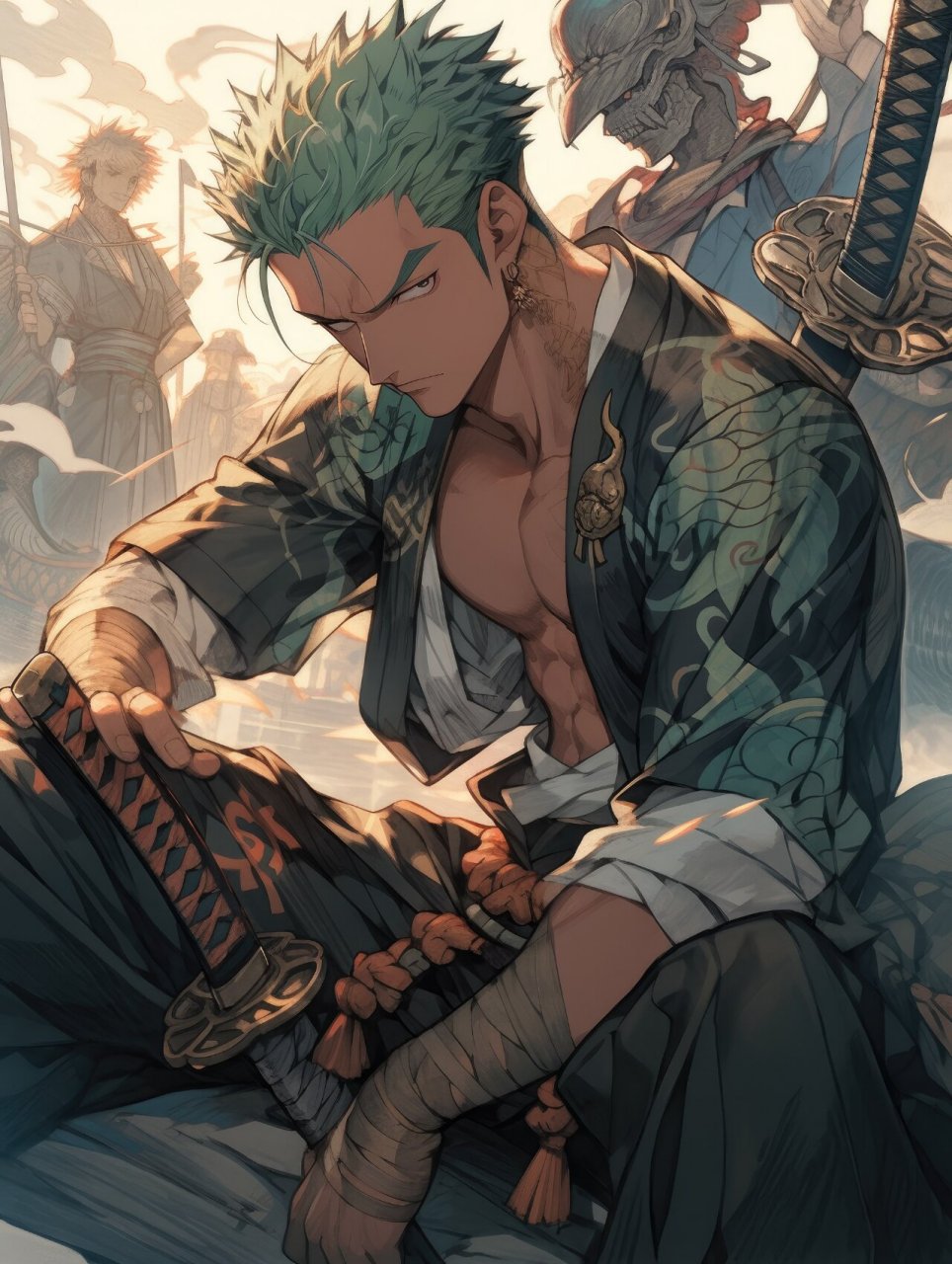 midjourney | 索隆,海贼王头像壁纸 咒语:the character of the one