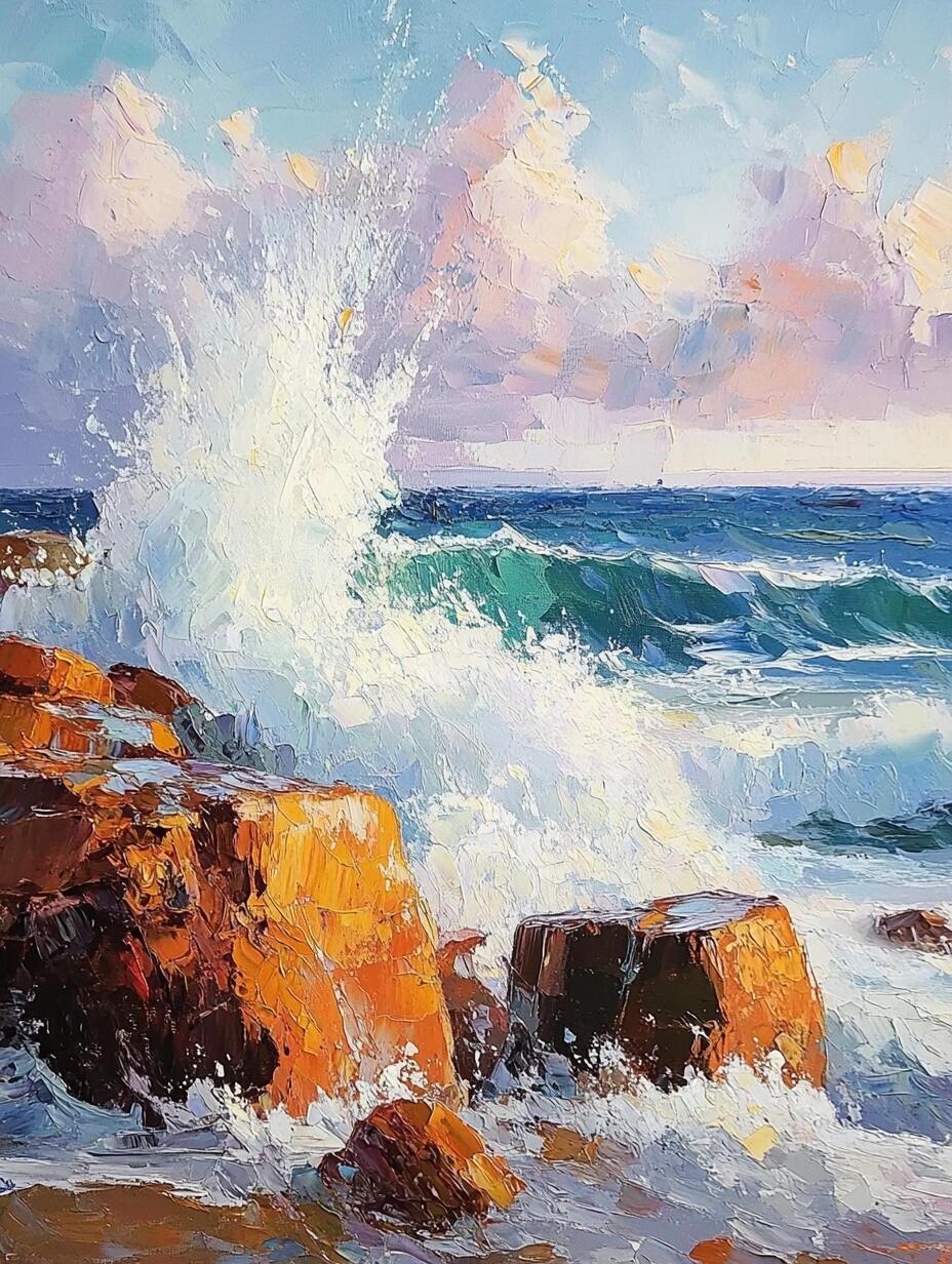 ai油画|海浪翻涌起,岩石屹立立