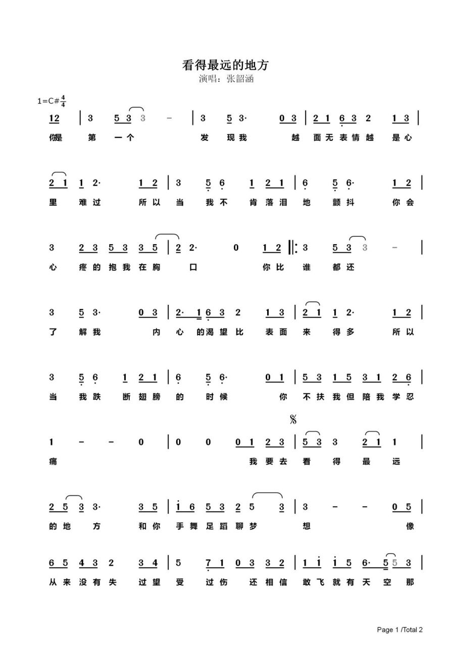 《看得最远的地方》简谱 完整版