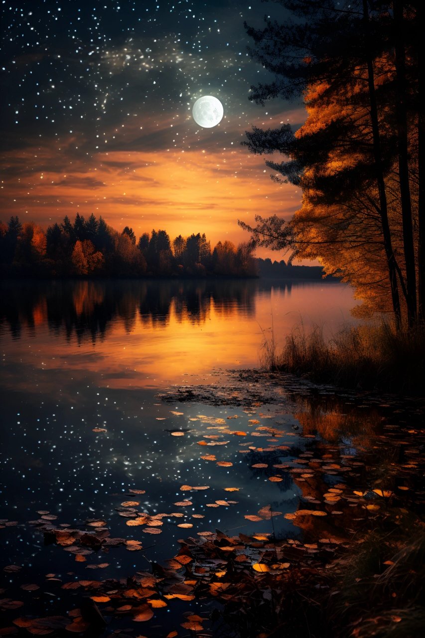 秋天的夜,风景素材分享 秋天的晚上,清风拂面,湖水波光粼粼,形成了一