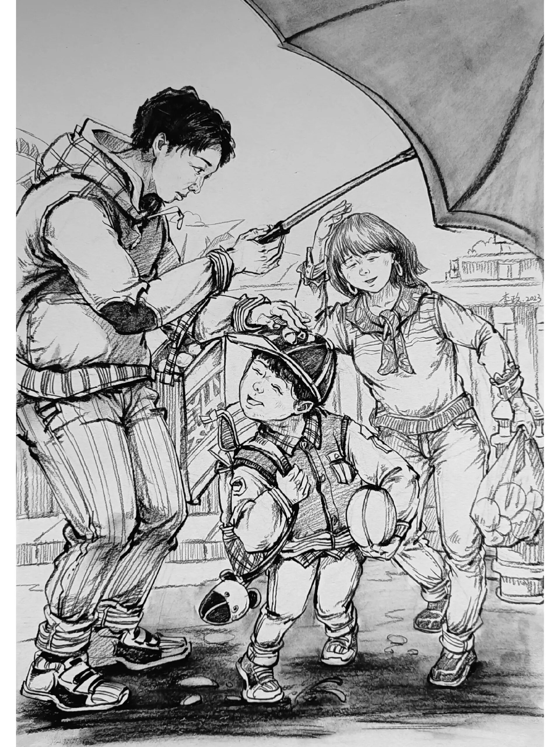 速写命题创作《雨中归途》