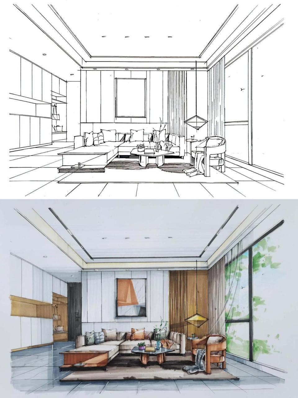 室内设计手绘效果图—现代客厅        室内设计手绘效果图—现代客厅