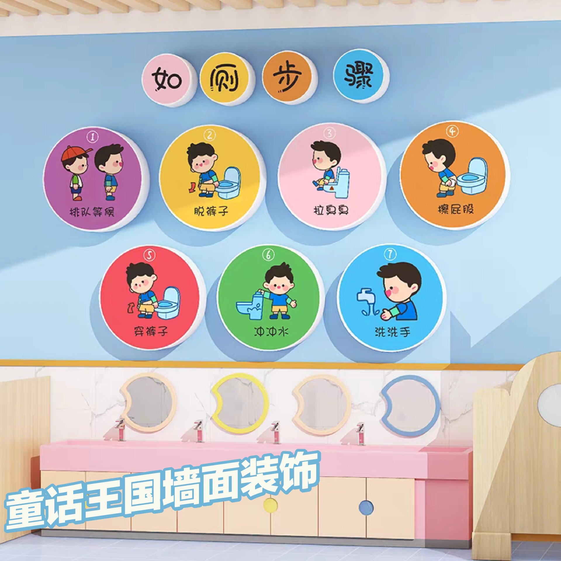 幼儿园七步洗手法墙贴如厕步骤图 幼儿园环创主题成品 幼儿园卫生间