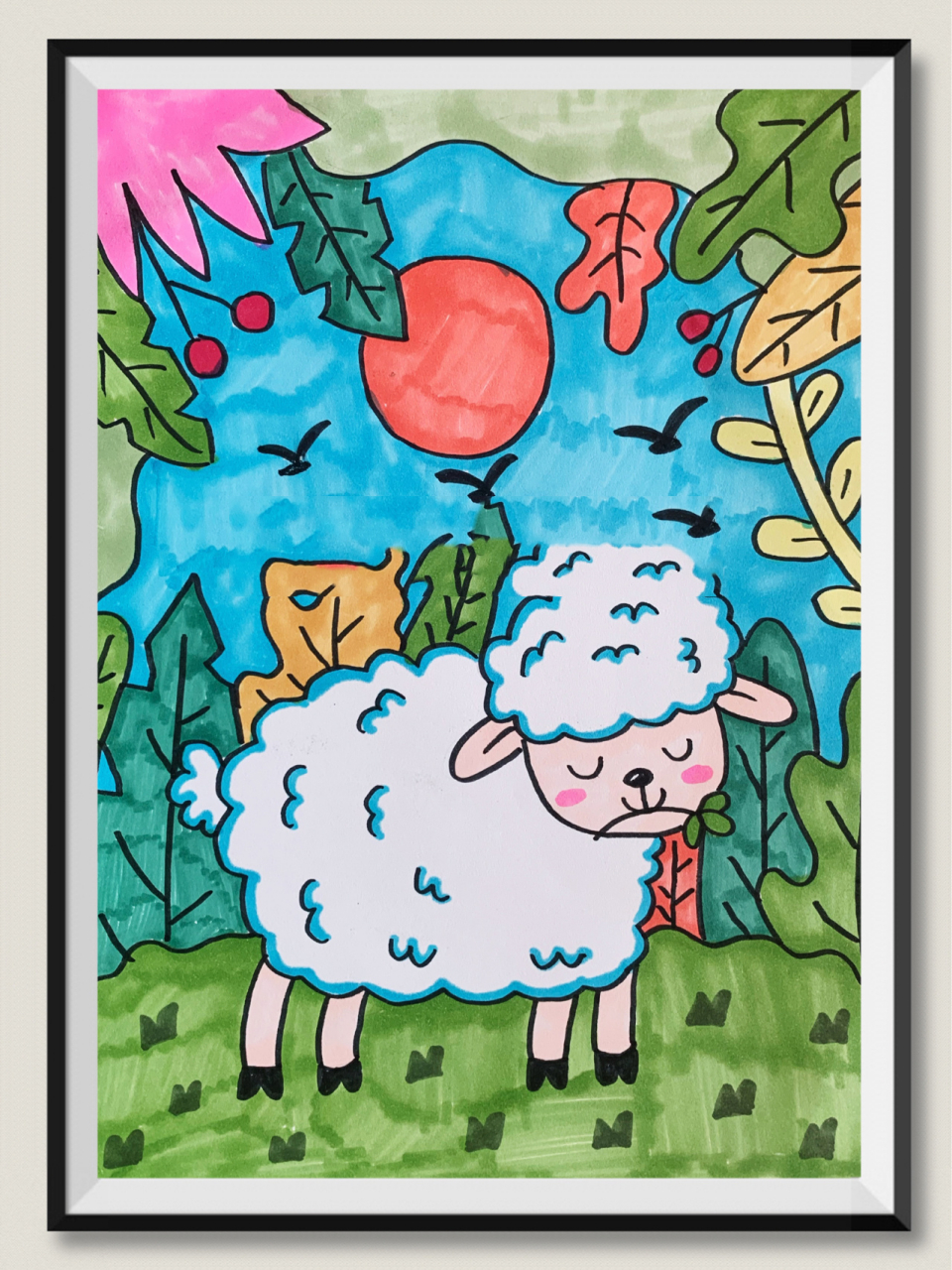 儿童画:爱吃草的小羊(完成版) 8215是一个包围式的构图,看起来