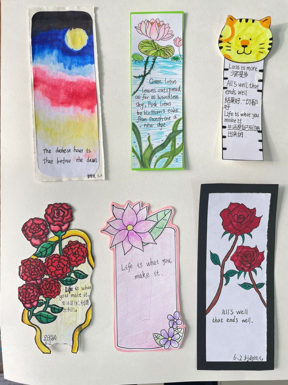 小学英语特色作业 这是小学高年级制作的书签和低年级做的拉画,励志与