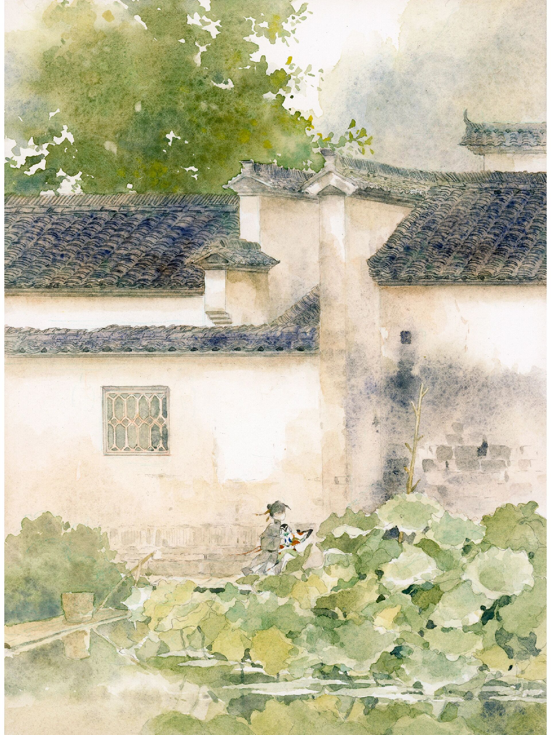 古风场景水彩手绘