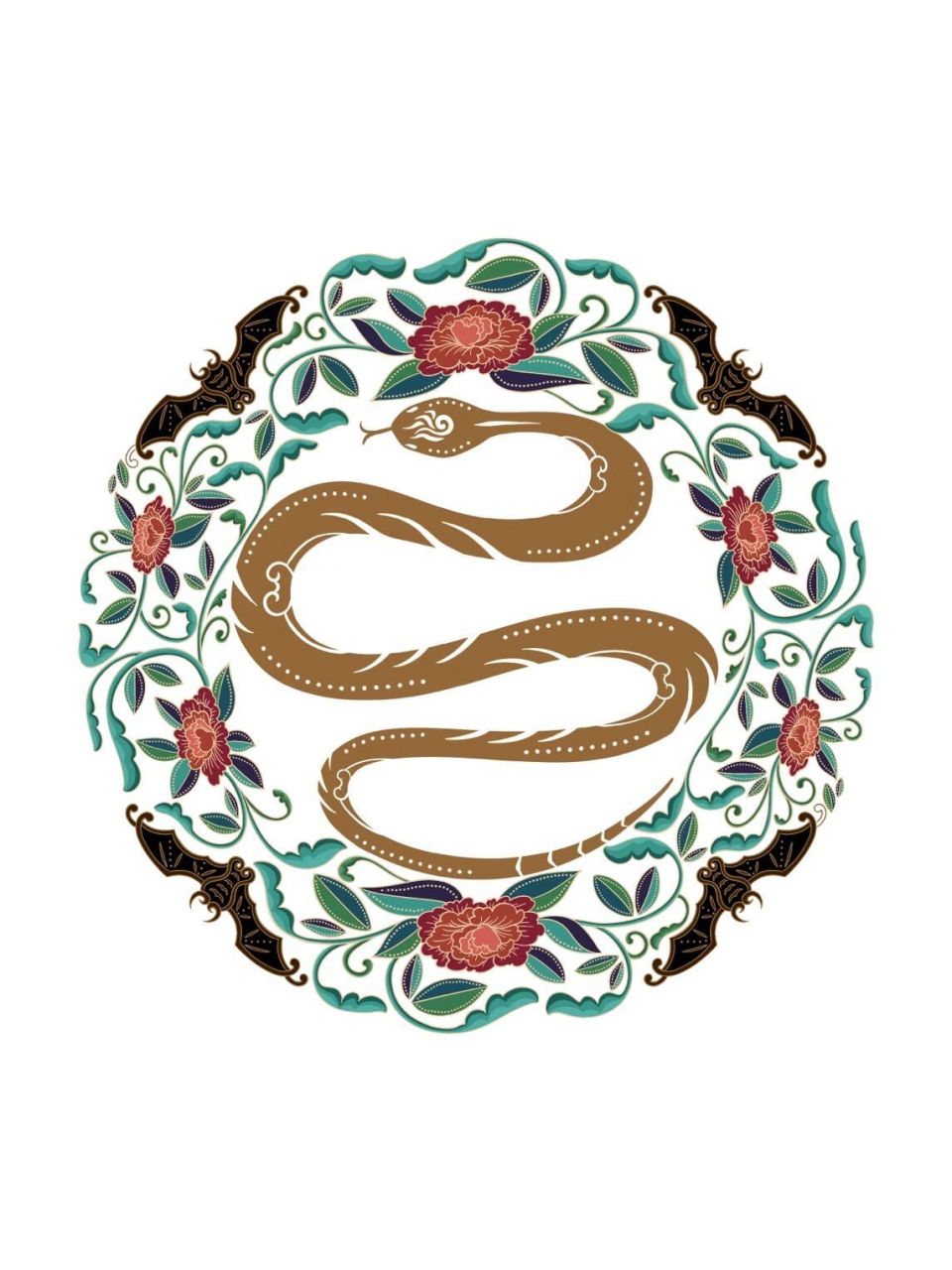 蛇到富贵团纹 以生肖蛇为主题,饰以蝙蝠纹和牡丹纹,寓意蛇到富贵.