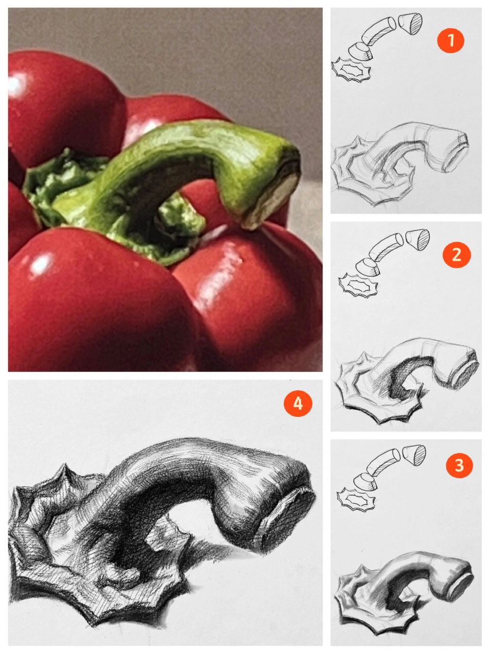 素描静物 青椒蒂步骤 青椒蒂把素描步骤