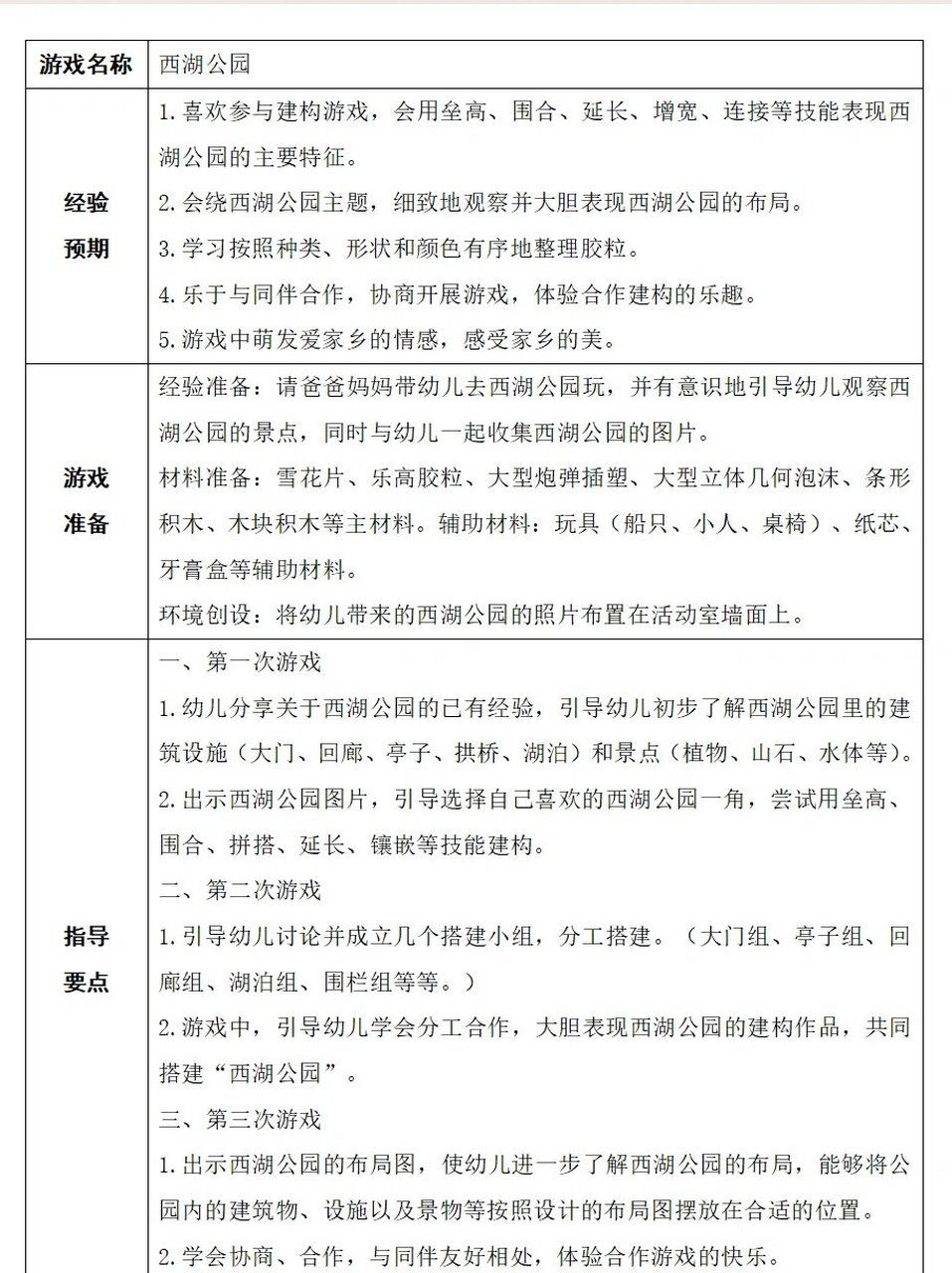 建构游戏《西湖公园》推进表 73中大班建构游戏《西湖公园》推进表