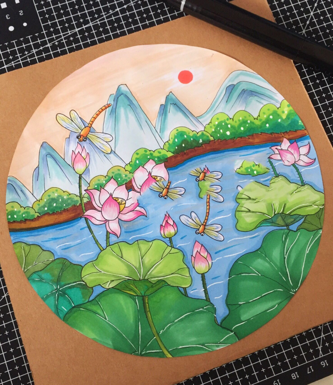 马克笔风景画,古诗配画《小池》,荷花创意 荷花风景画,古诗配画小池