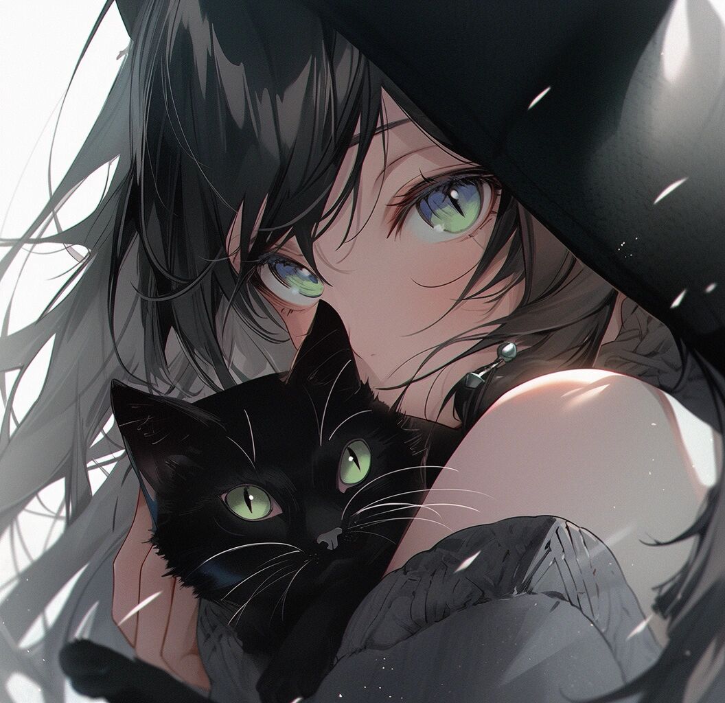 像绿宝石一样 midjourney‖复古系头像 黑猫与美少女系列头像