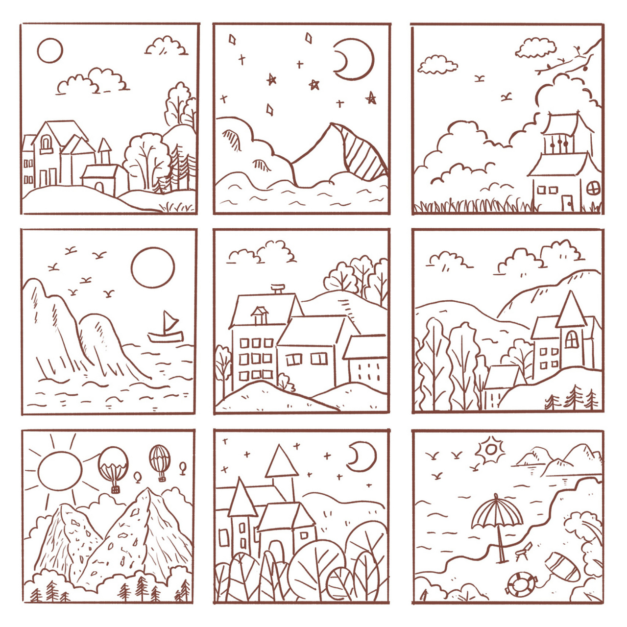 风景简笔画教程 在上临摹的风景线条画简直不要太好看 想起以前在幼师