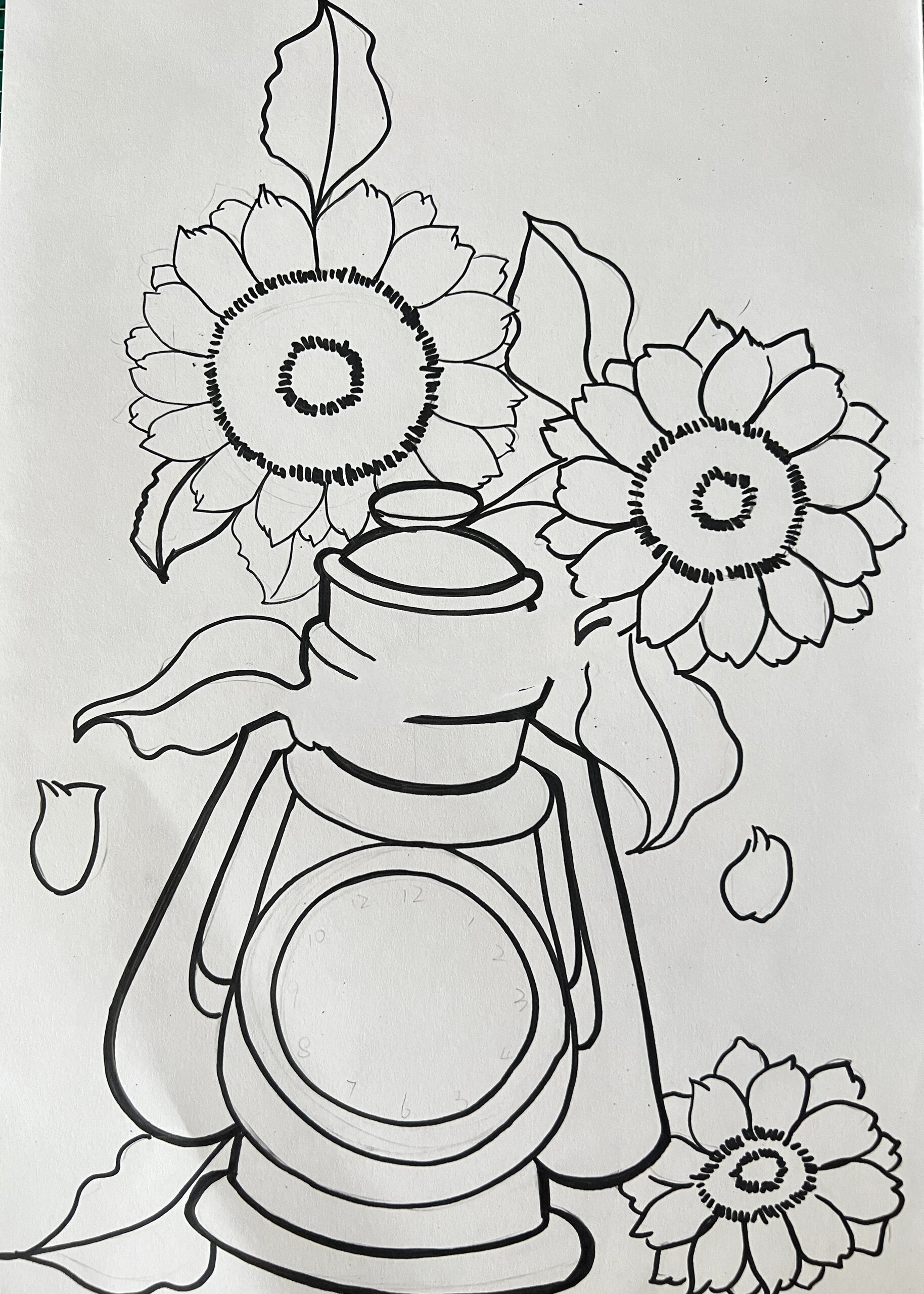 《时钟与葵花》77线稿 92适合年龄段:8-10岁 观察不同复古时钟