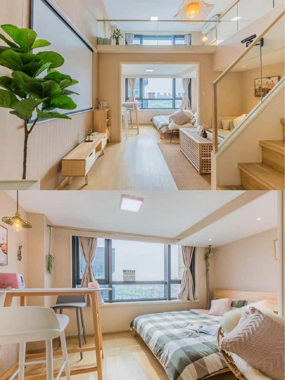 5米的loft小户型装修效果图,主色调以暖色调为主显得小窝格外的温馨.